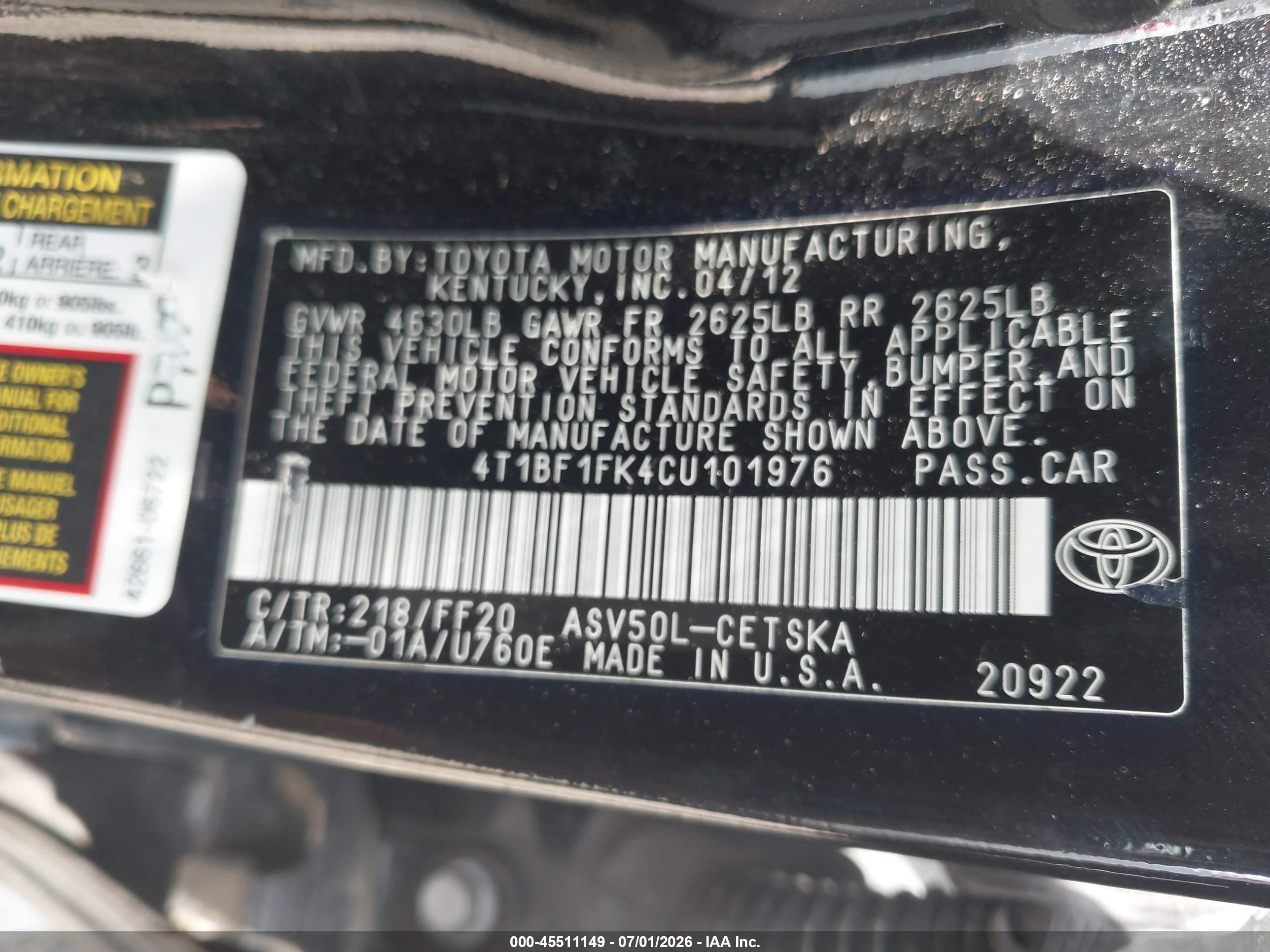 2012 Toyota Camry Se Black vin: 4T1BF1FK4CU101976