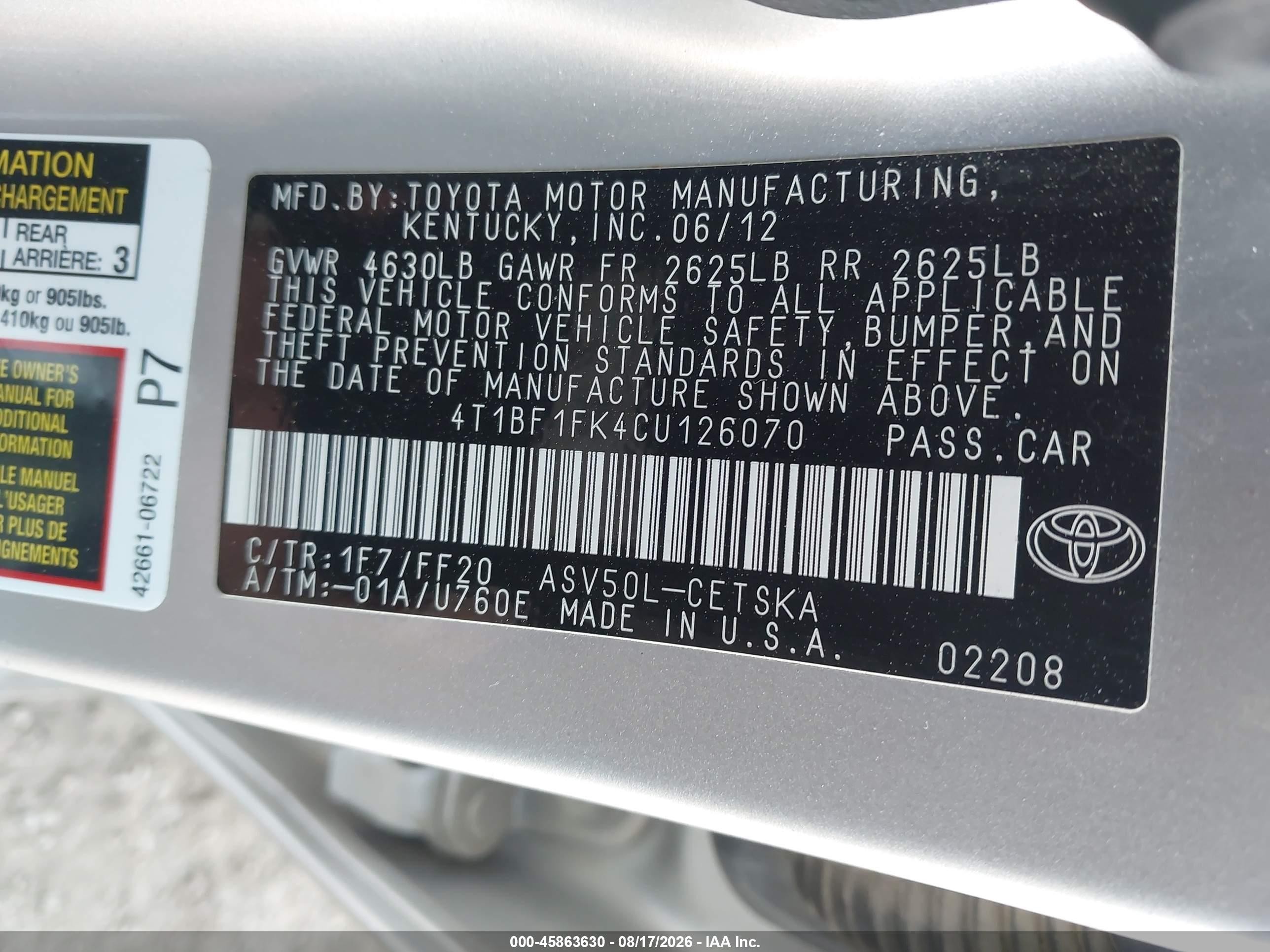 2012 Toyota Camry Se Серебряный vin: 4T1BF1FK4CU126070