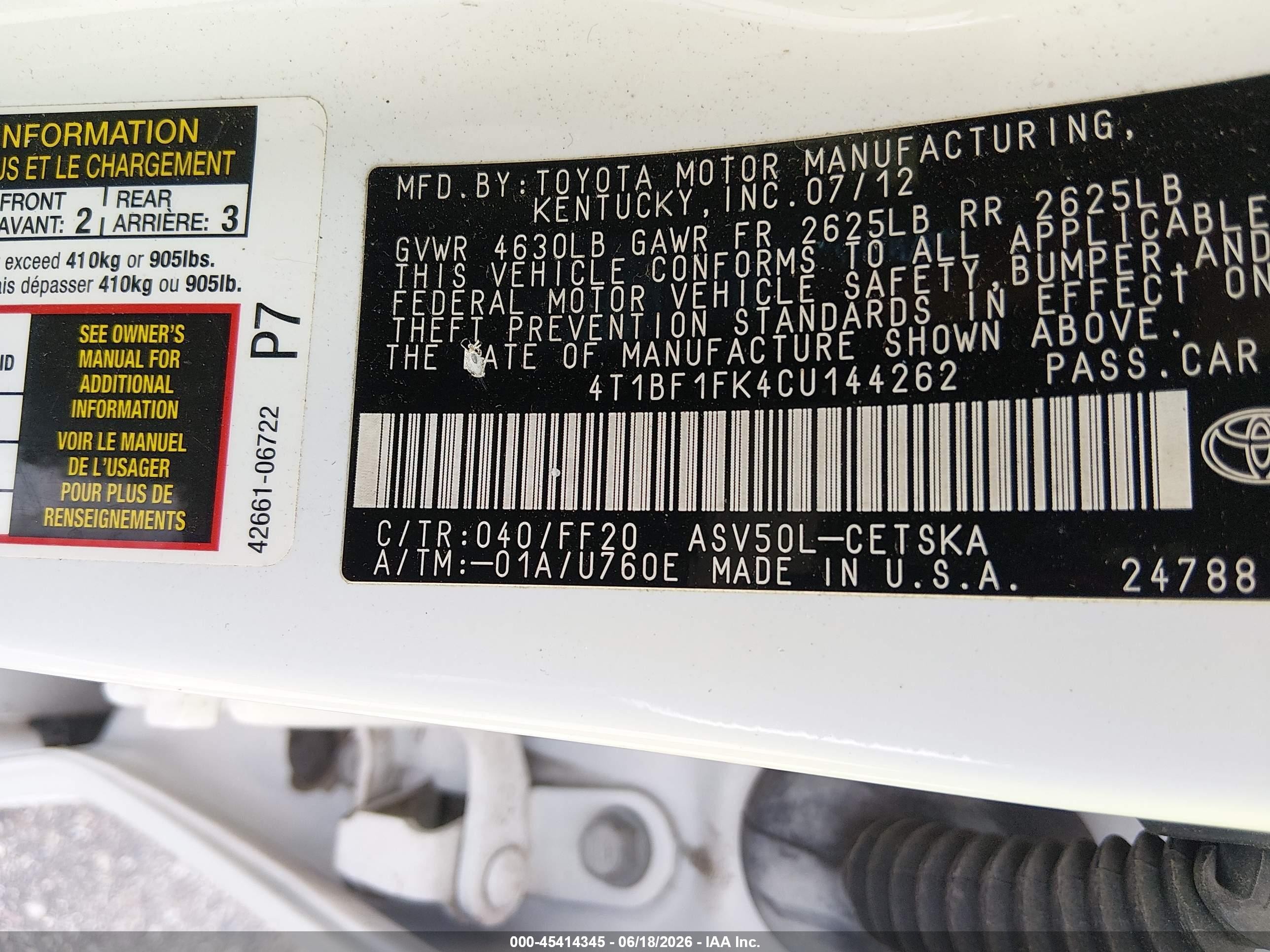 2012 Toyota Camry Se White vin: 4T1BF1FK4CU144262