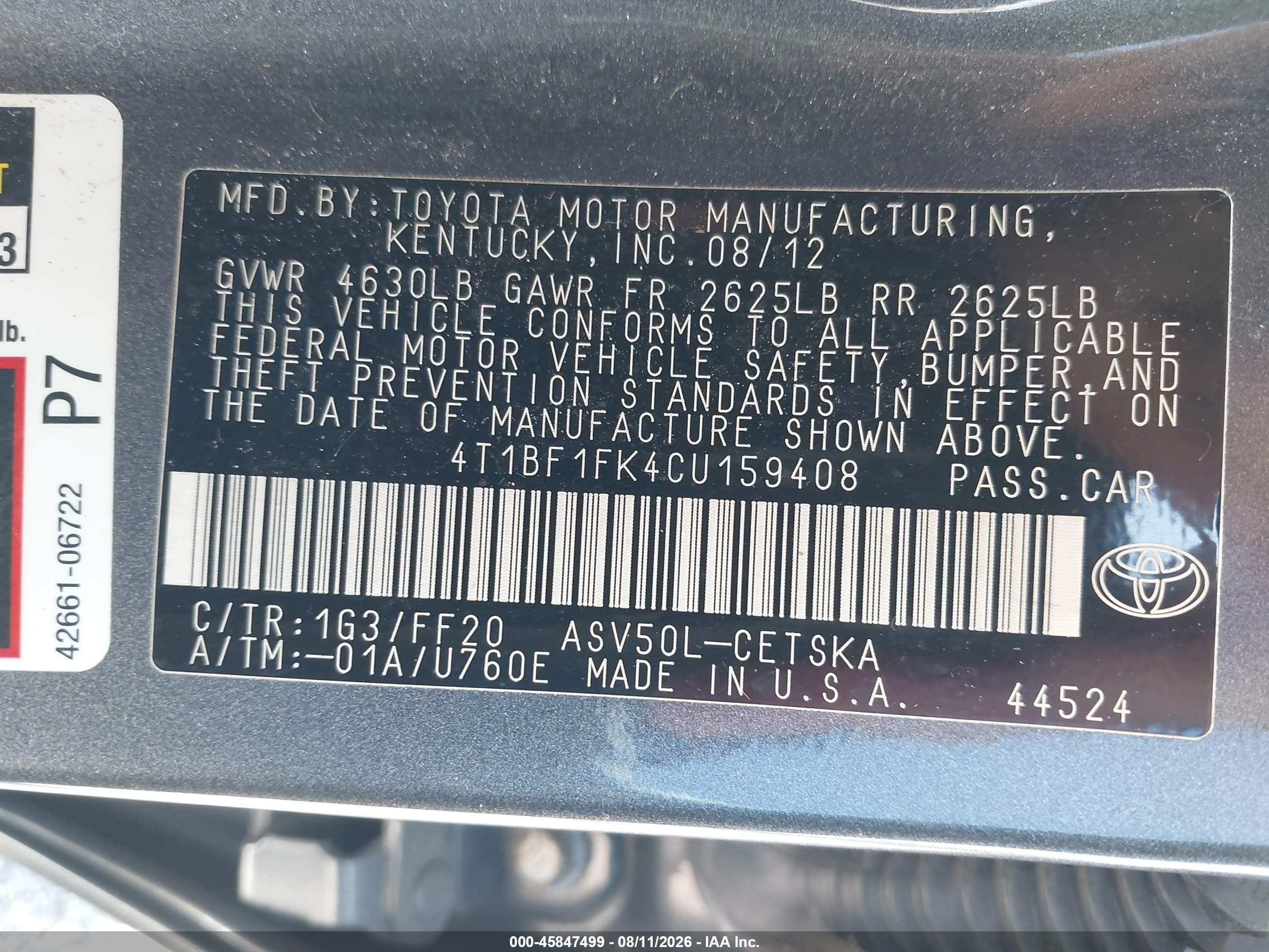 2012 Toyota Camry Se Gray vin: 4T1BF1FK4CU159408