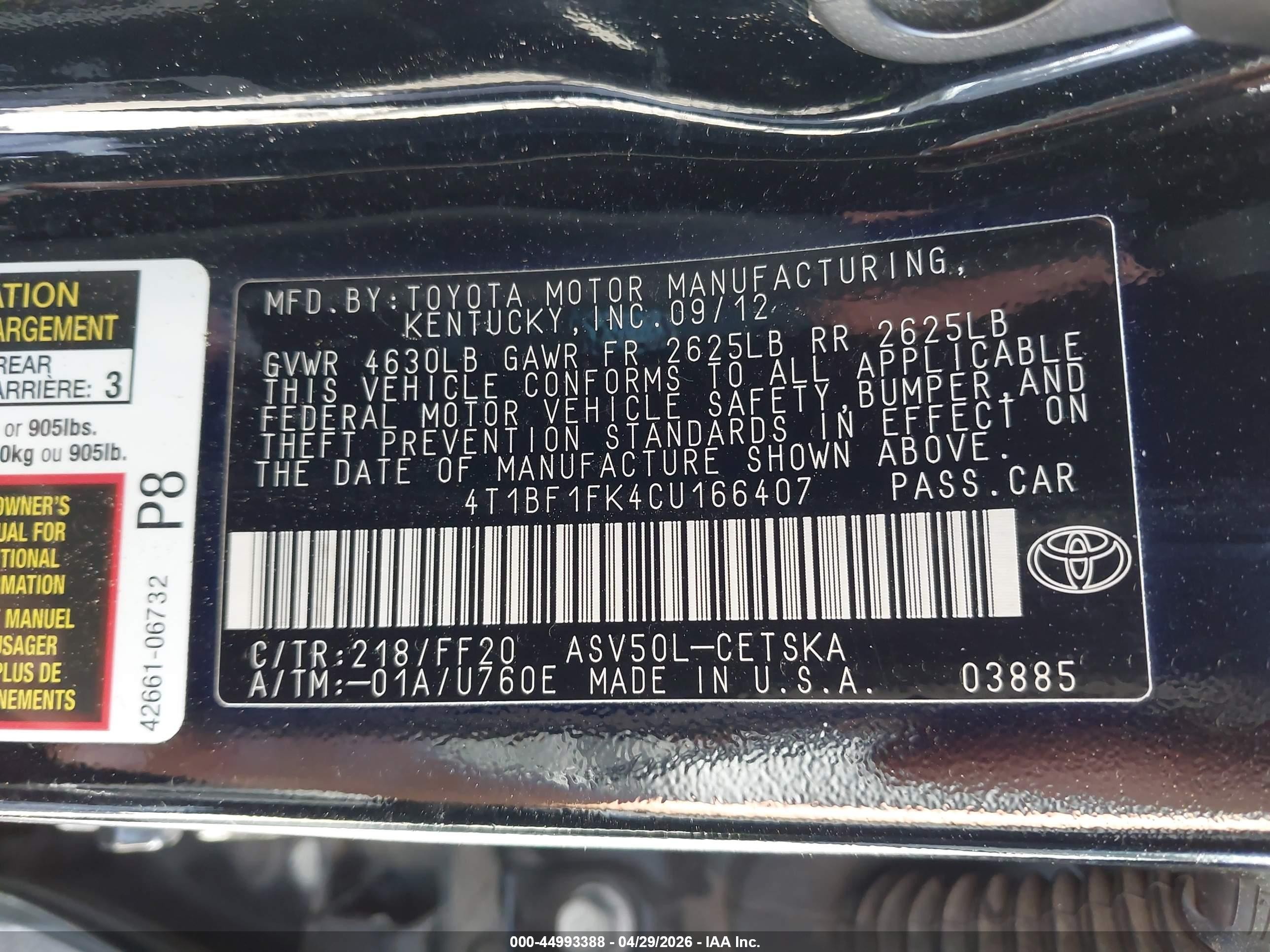 2012 Toyota Camry Se Limited Edition Black vin: 4T1BF1FK4CU166407