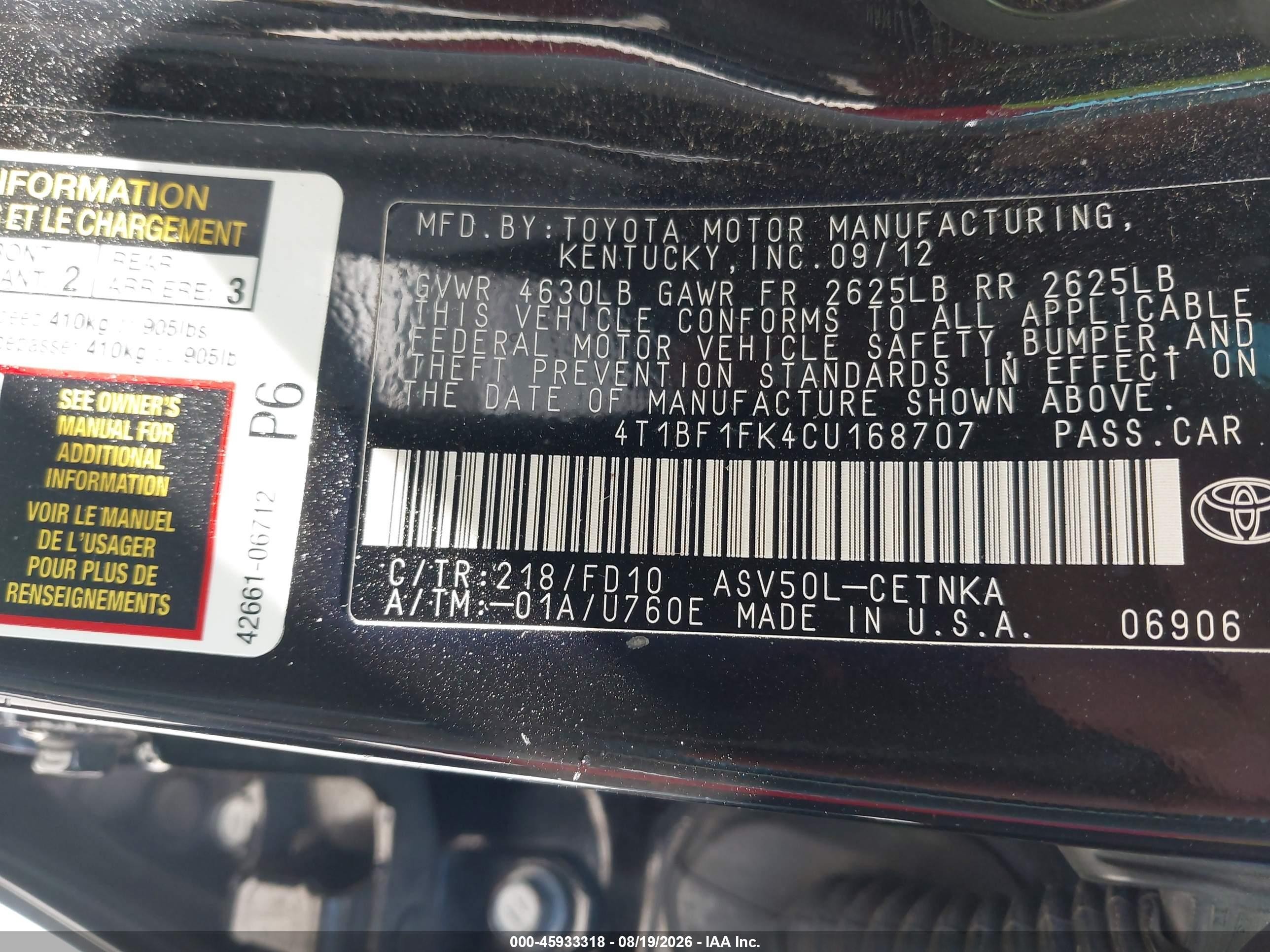 2012 Toyota Camry Le Black vin: 4T1BF1FK4CU168707