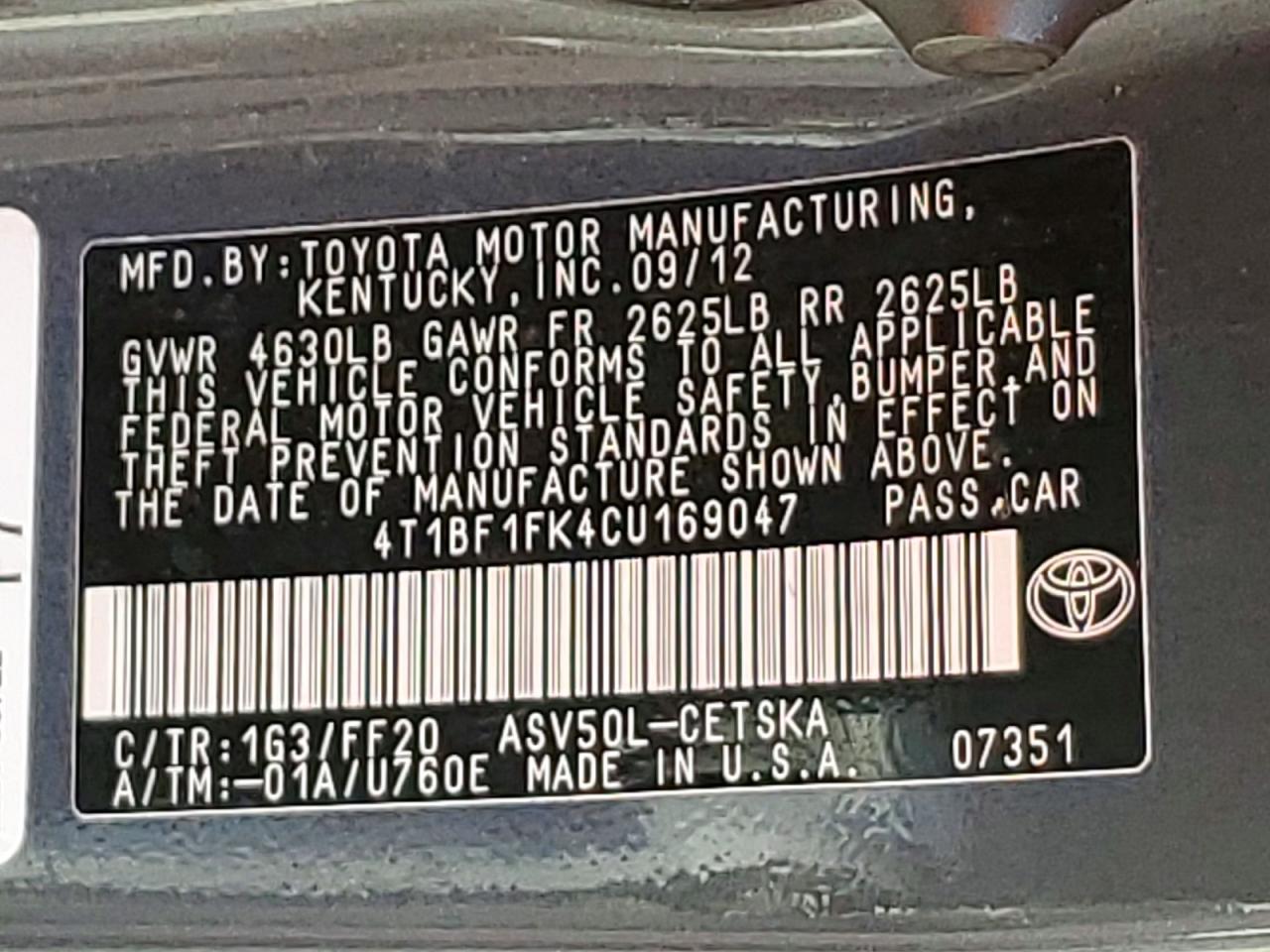 2012 Toyota Camry Se Charcoal vin: 4T1BF1FK4CU169047