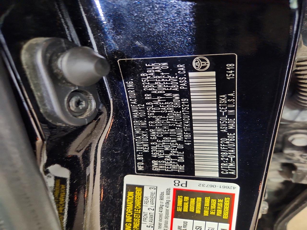2012 Toyota Camry Se Sport Limited Edition Black vin: 4T1BF1FK4CU175219