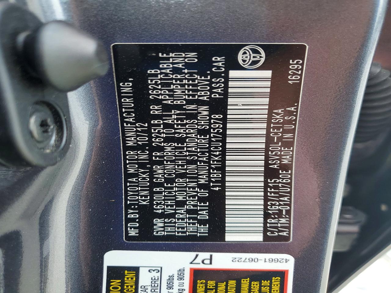 2012 Toyota Camry Gray vin: 4T1BF1FK4CU175978