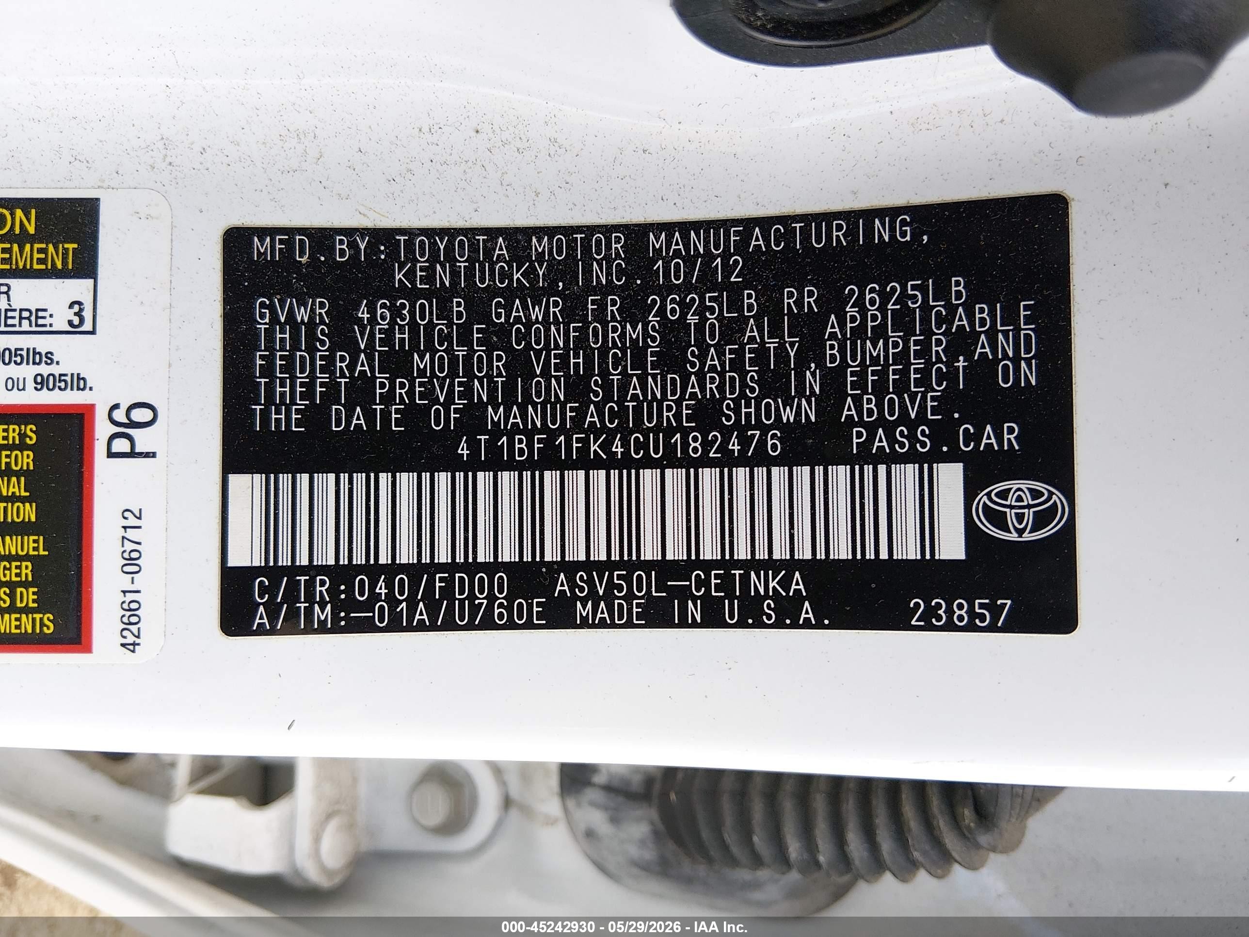2012 Toyota Camry Le White vin: 4T1BF1FK4CU182476