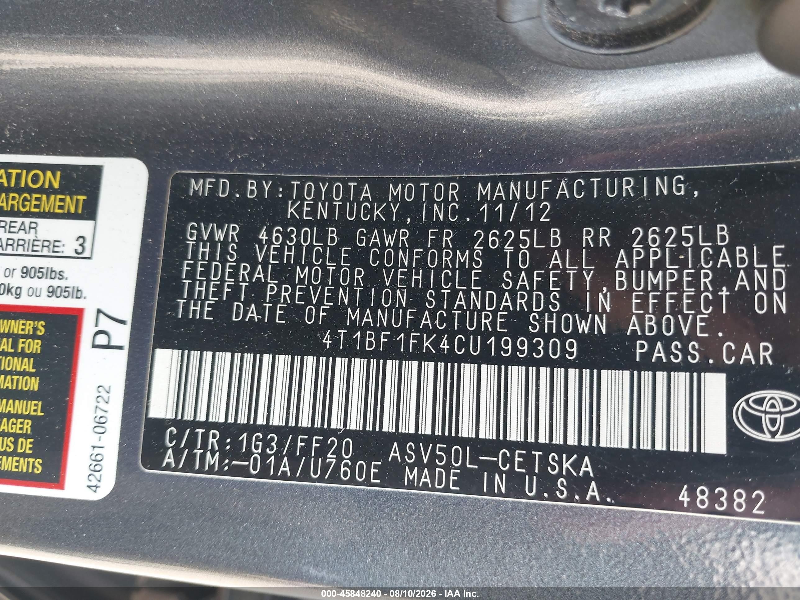 2012 Toyota Camry Se Gray vin: 4T1BF1FK4CU199309