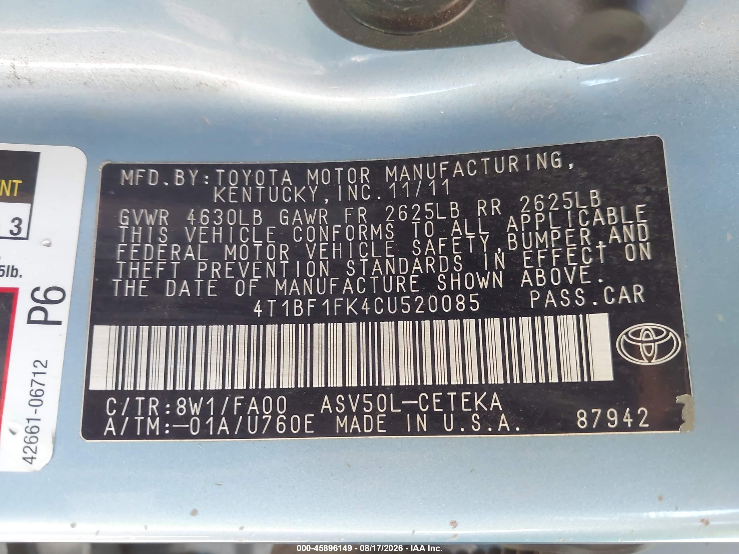 2012 Toyota Camry L Light Blue vin: 4T1BF1FK4CU520085