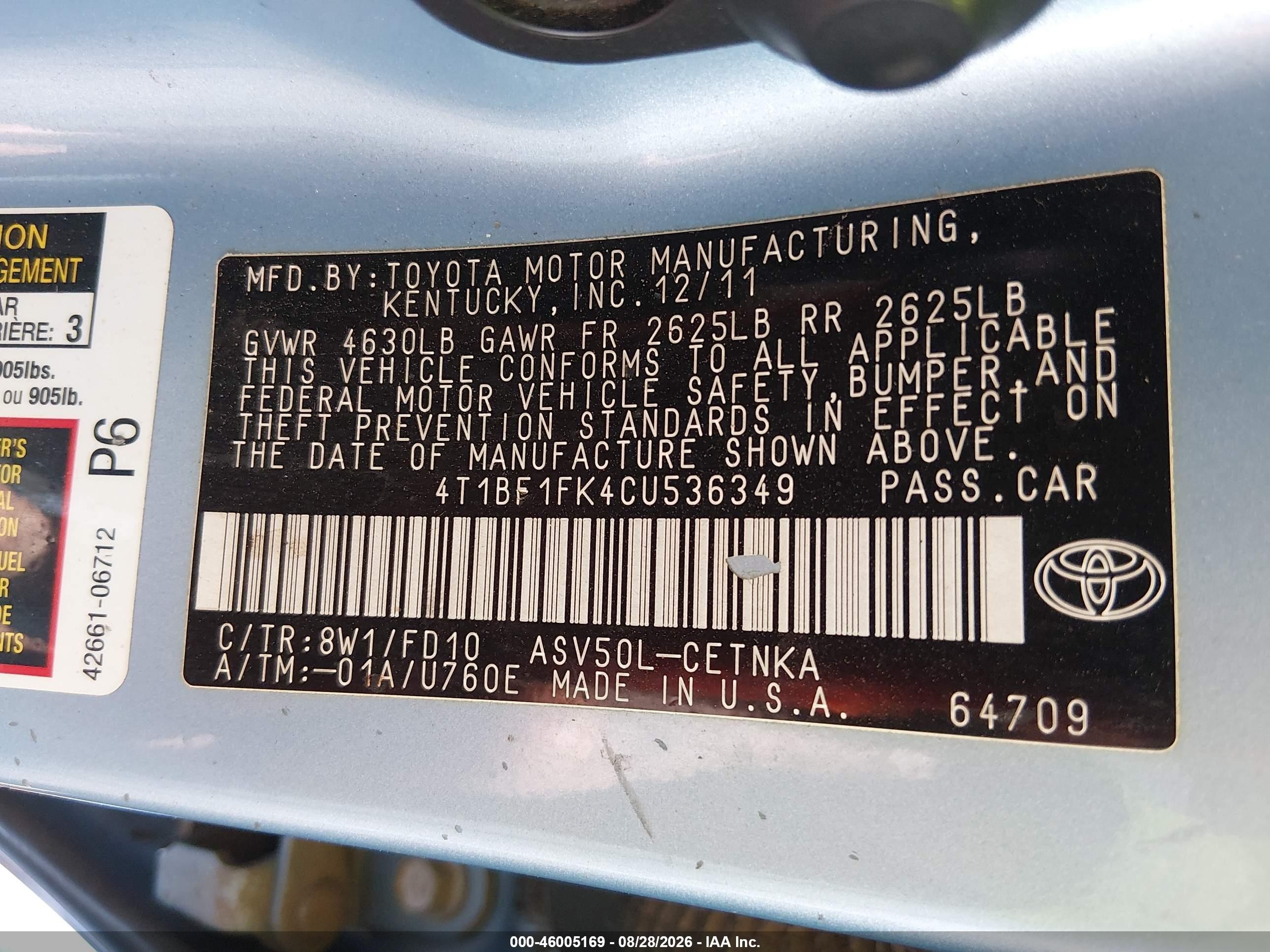 2012 Toyota Camry Le Blue vin: 4T1BF1FK4CU536349