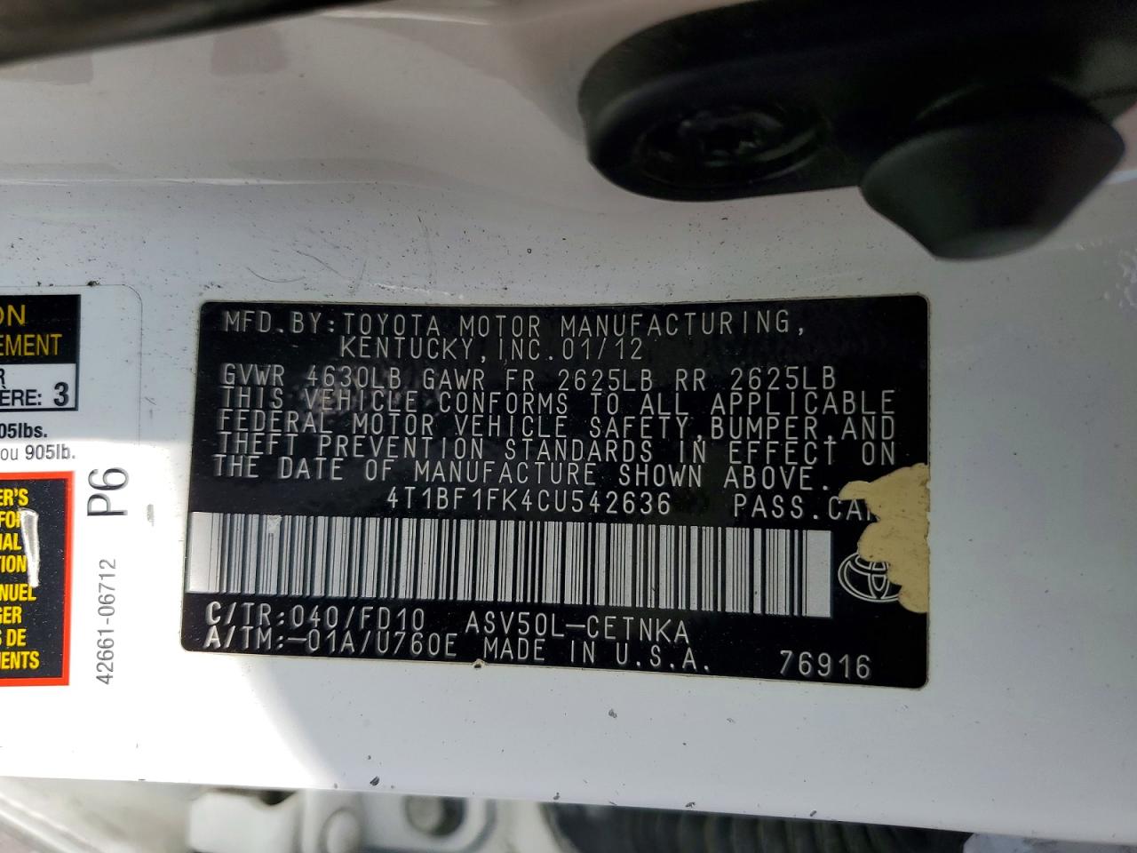 2012 Toyota Camry Le White vin: 4T1BF1FK4CU542636