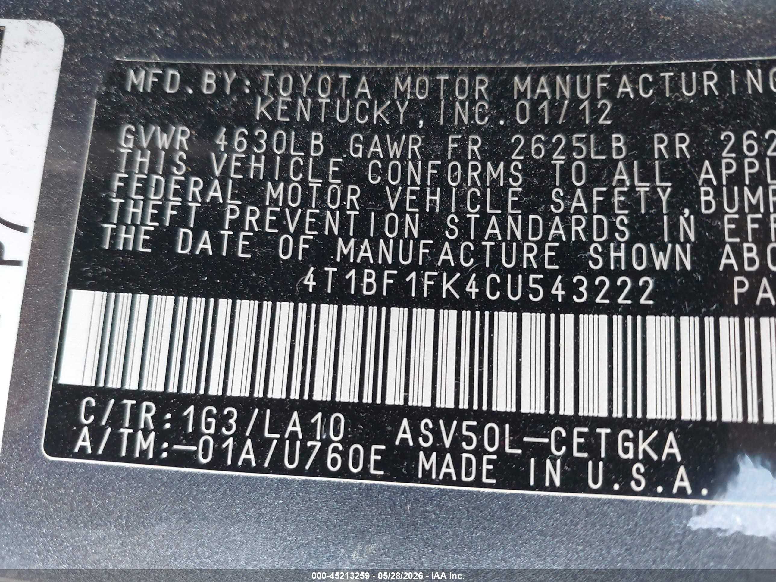 2012 Toyota Camry Xle Gray vin: 4T1BF1FK4CU543222