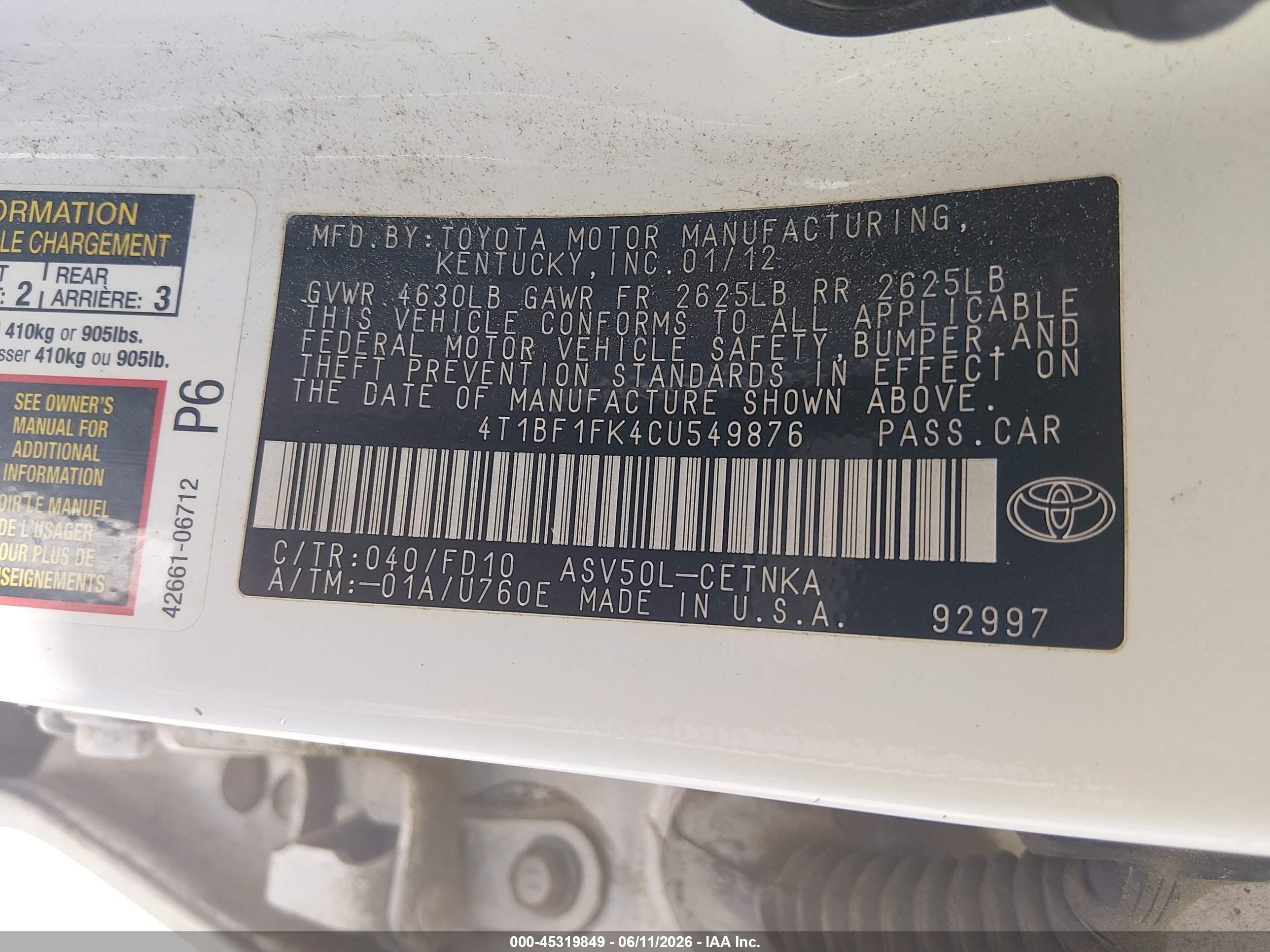2012 Toyota Camry Le White vin: 4T1BF1FK4CU549876