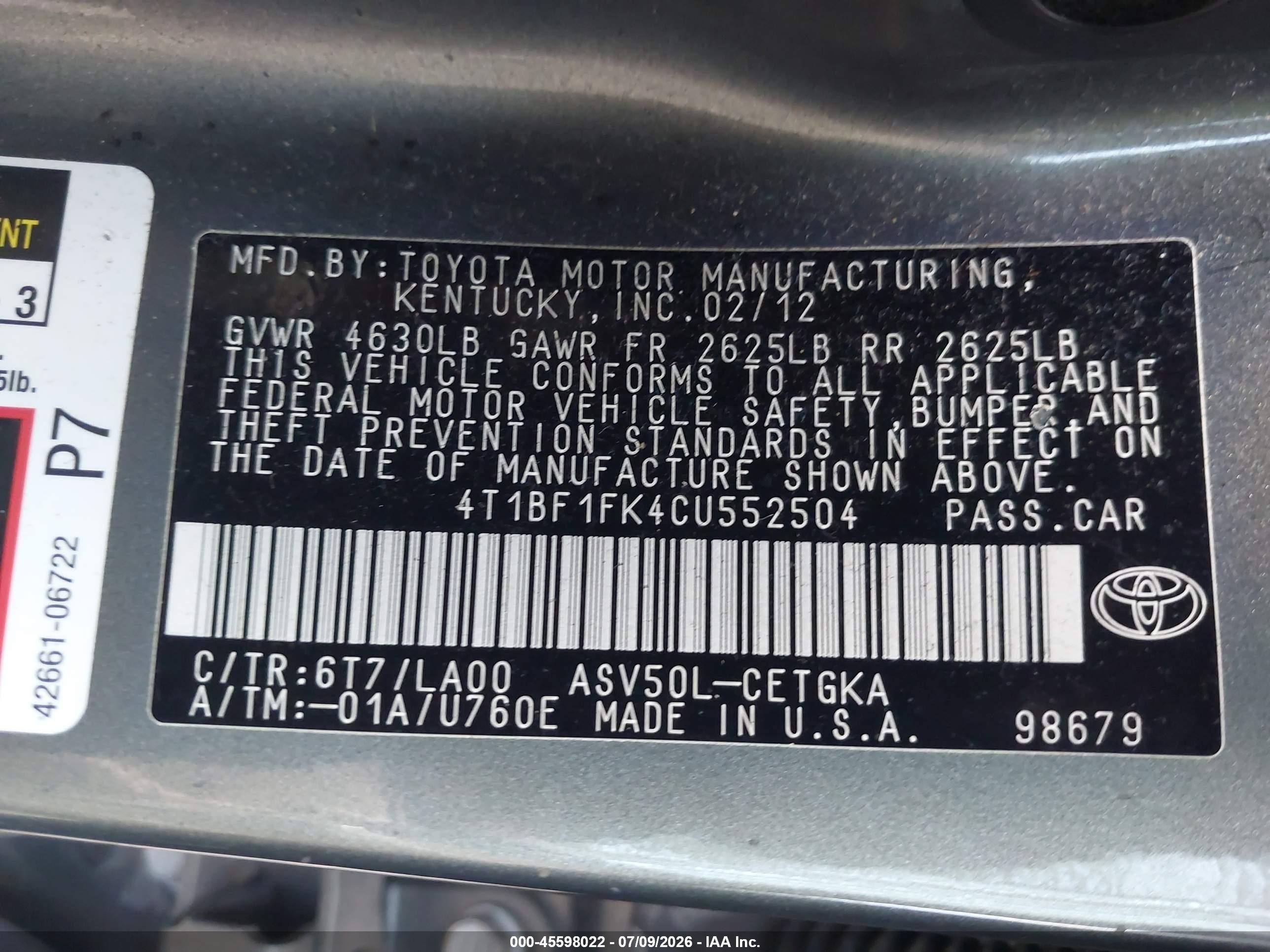 2012 Toyota Camry Xle Green vin: 4T1BF1FK4CU552504