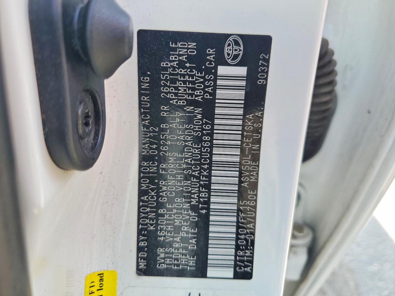 2012 Toyota Camry Se White vin: 4T1BF1FK4CU568167
