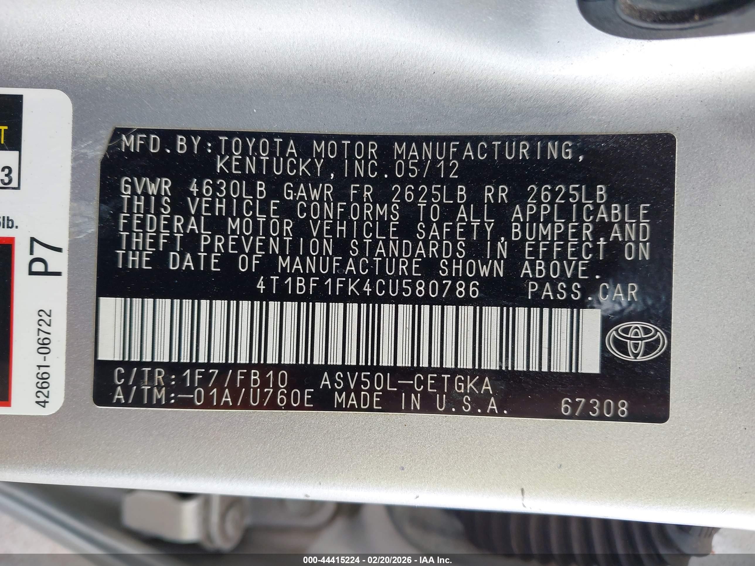 2012 Toyota Camry Xle Silver vin: 4T1BF1FK4CU580786