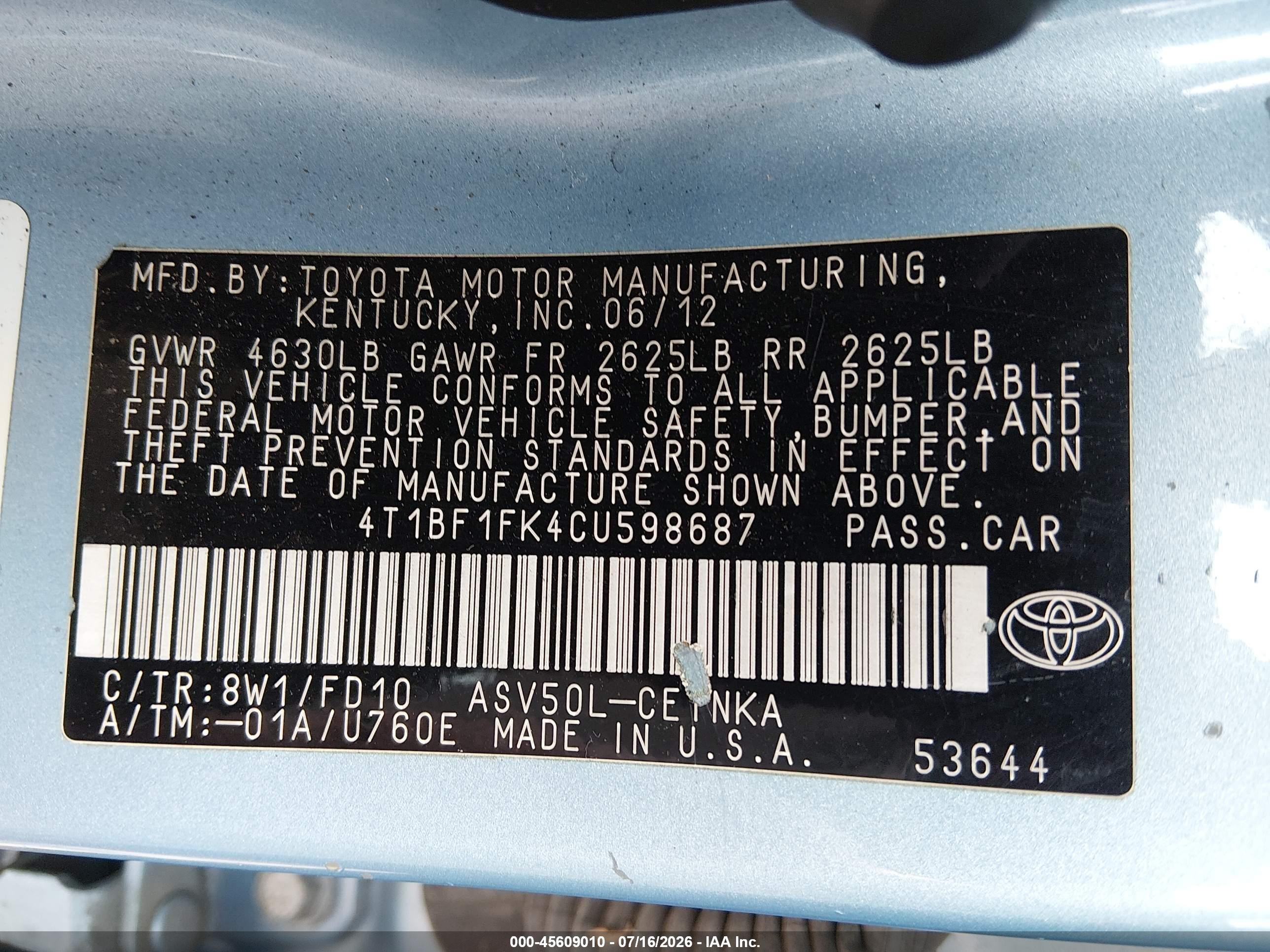 2012 Toyota Camry Le Blue vin: 4T1BF1FK4CU598687