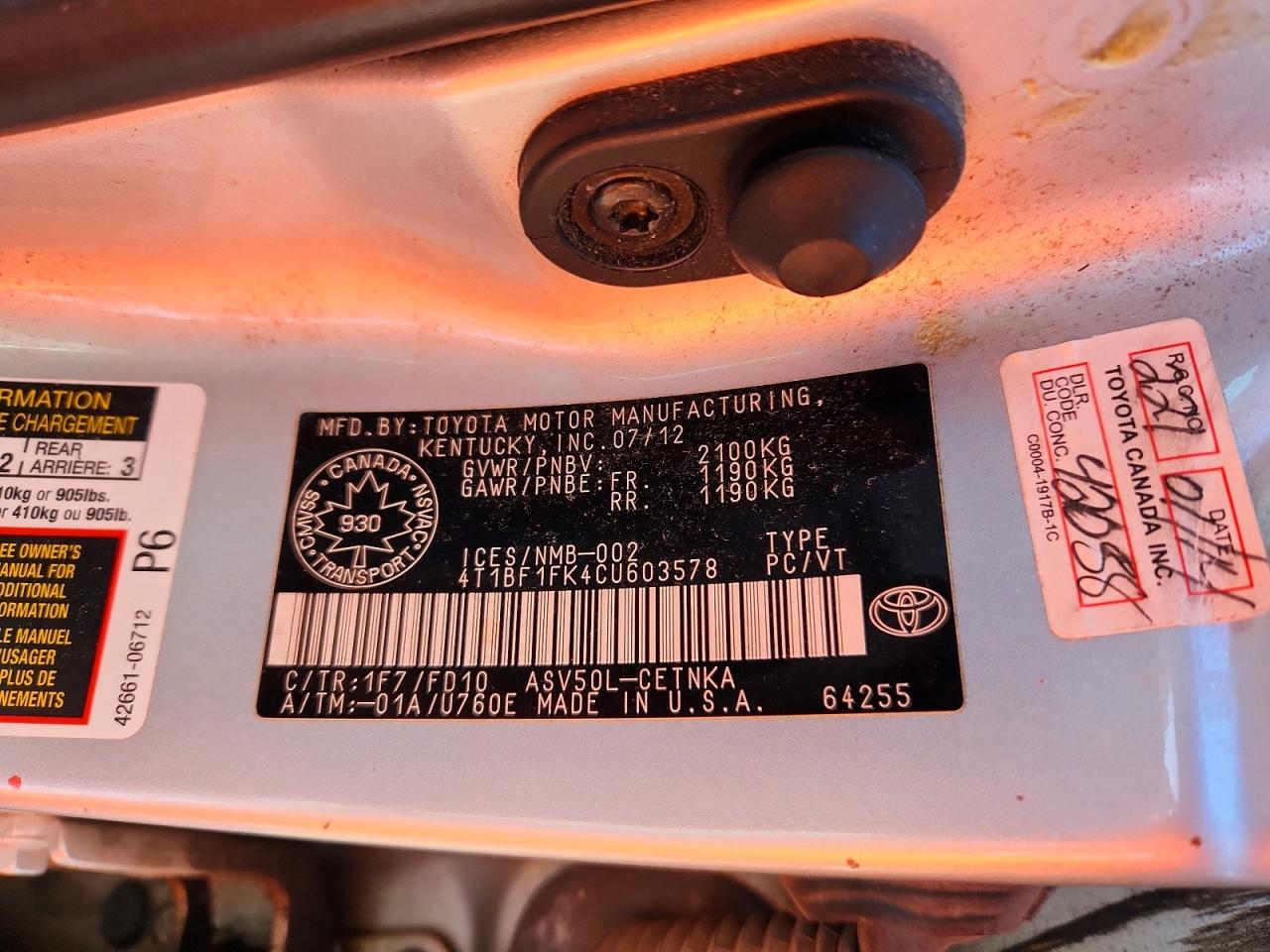2012 Toyota Camry L Silver vin: 4T1BF1FK4CU603578
