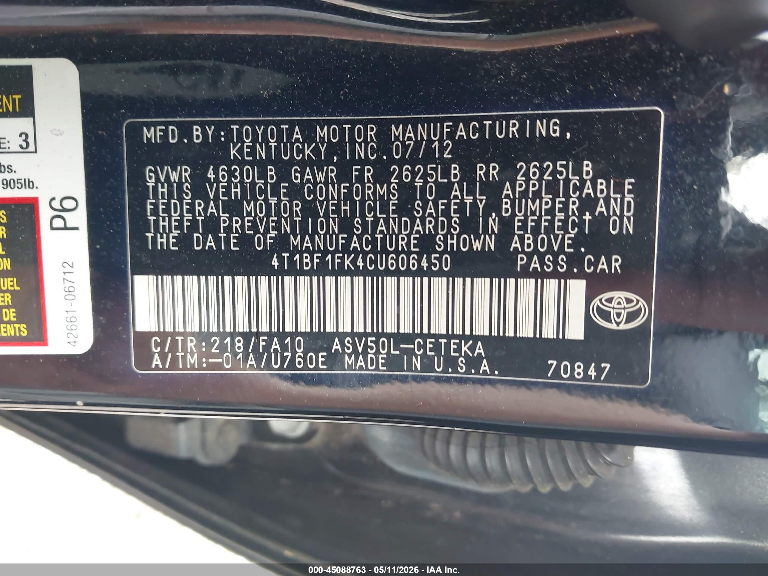2012 Toyota Camry L Black vin: 4T1BF1FK4CU606450