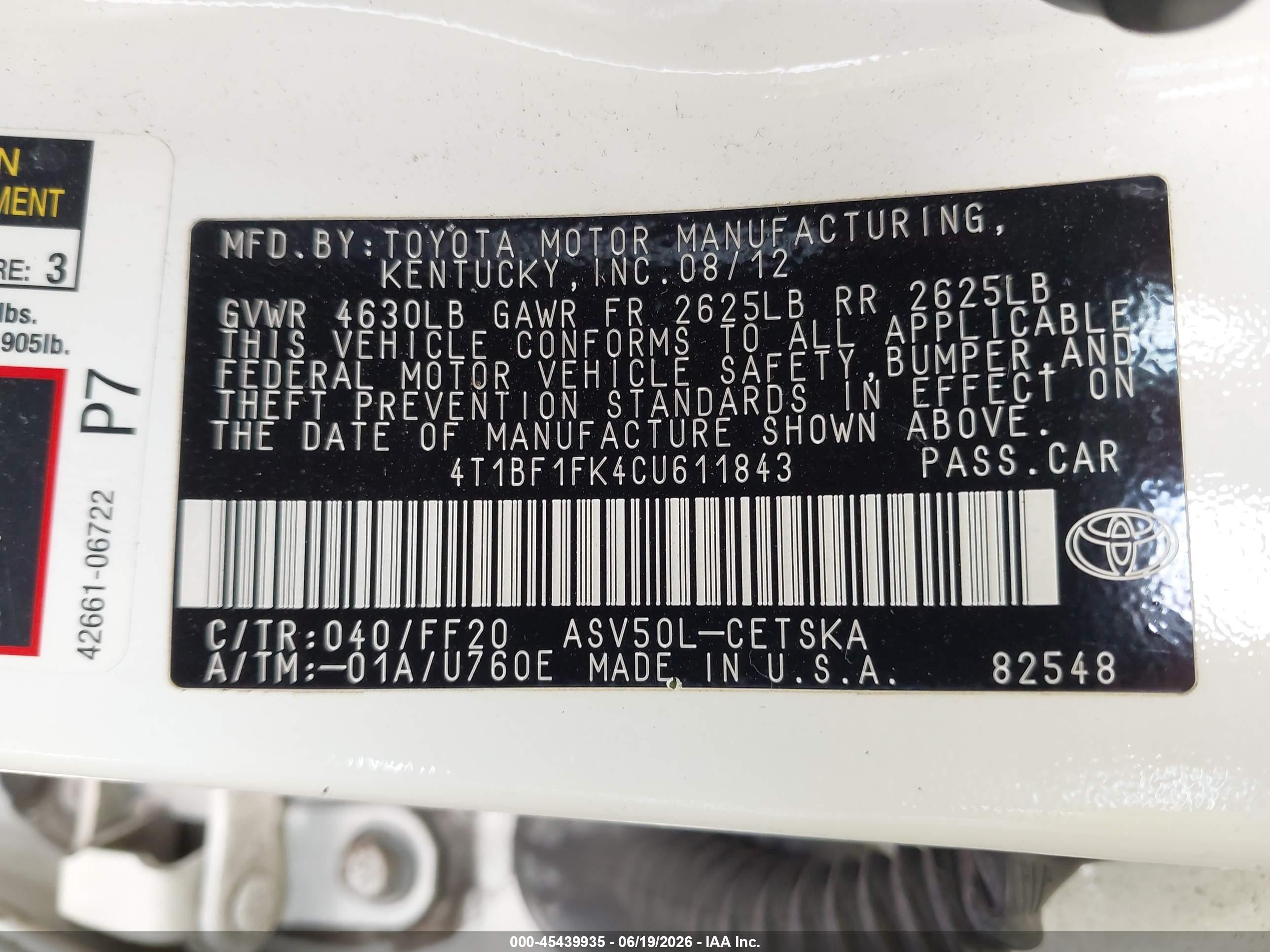 2012 Toyota Camry Se White vin: 4T1BF1FK4CU611843
