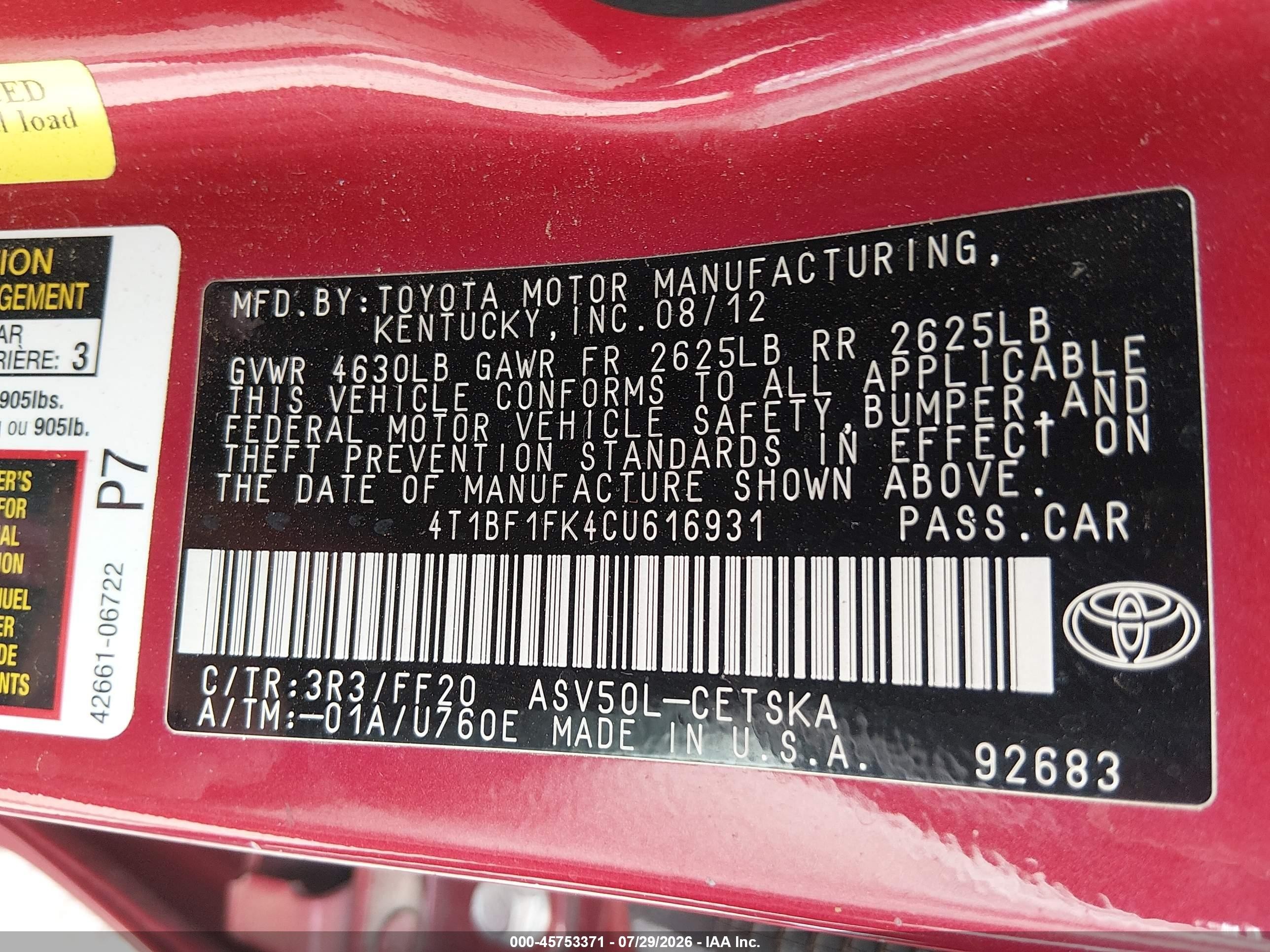 2012 Toyota Camry Se Red vin: 4T1BF1FK4CU616931