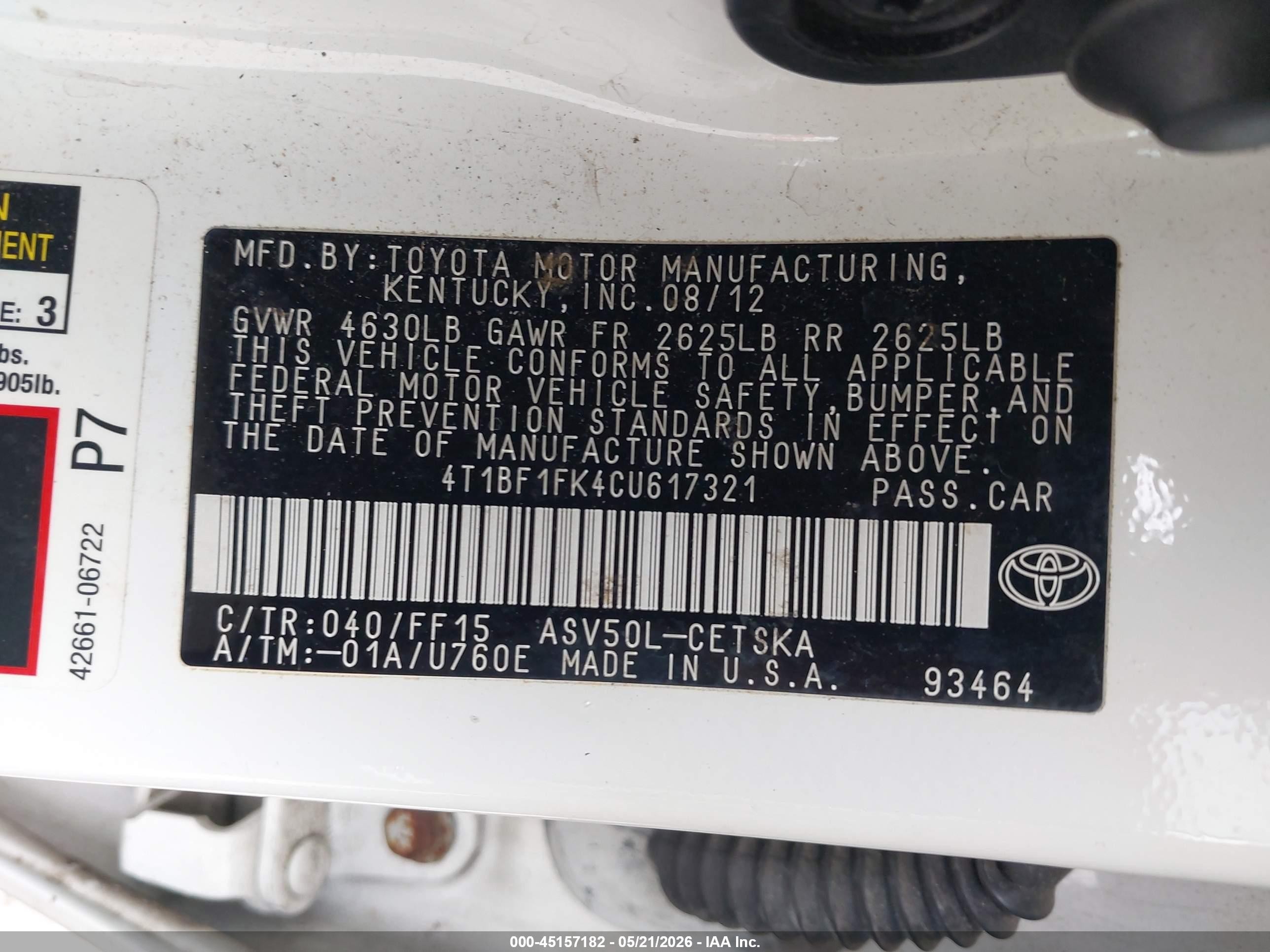 2012 Toyota Camry Se White vin: 4T1BF1FK4CU617321