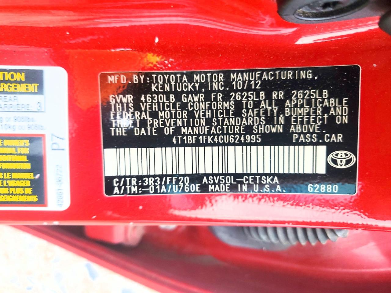 2012 Toyota Camry Se Red vin: 4T1BF1FK4CU624995