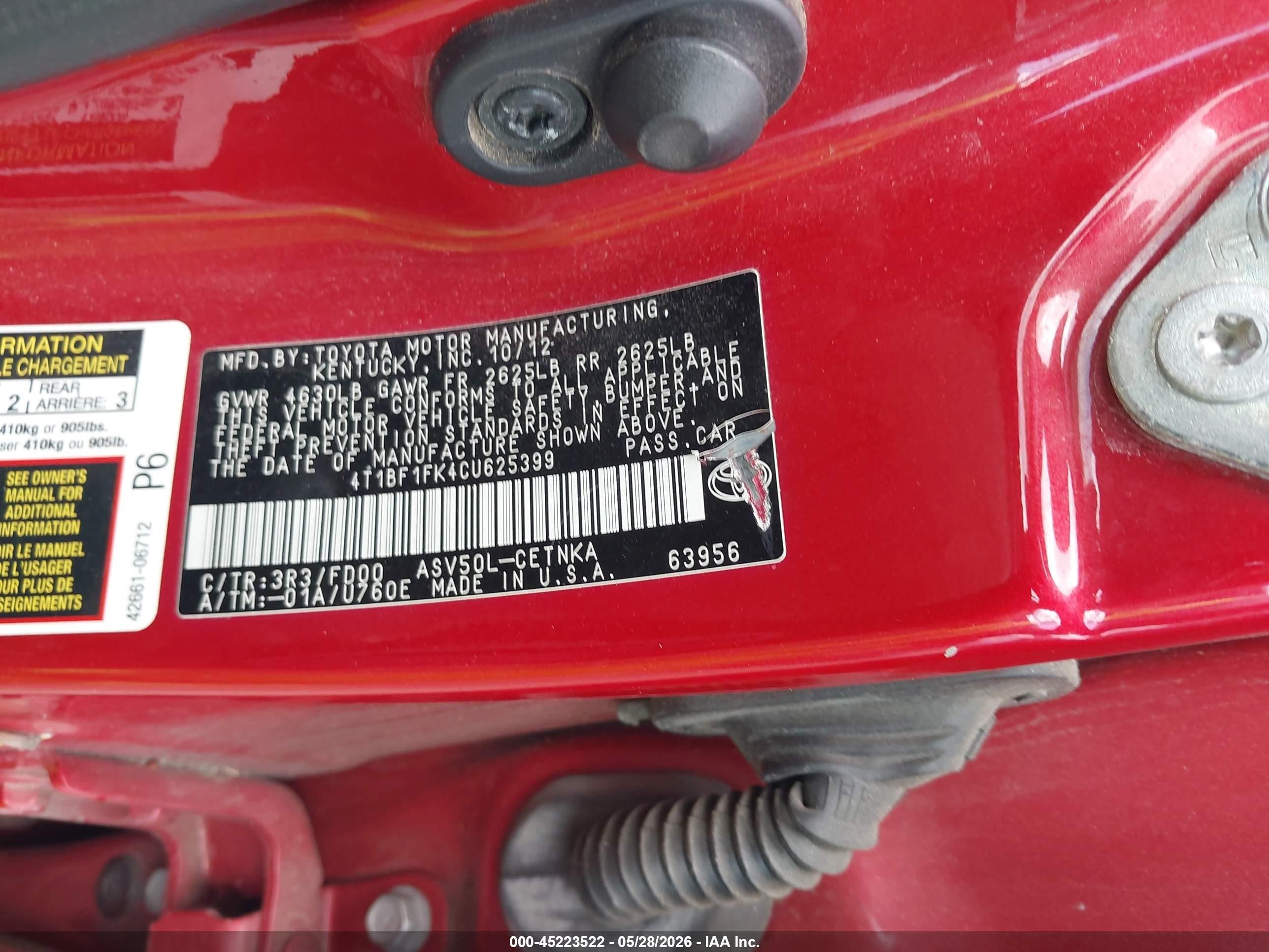 2012 Toyota Camry Le Red vin: 4T1BF1FK4CU625399