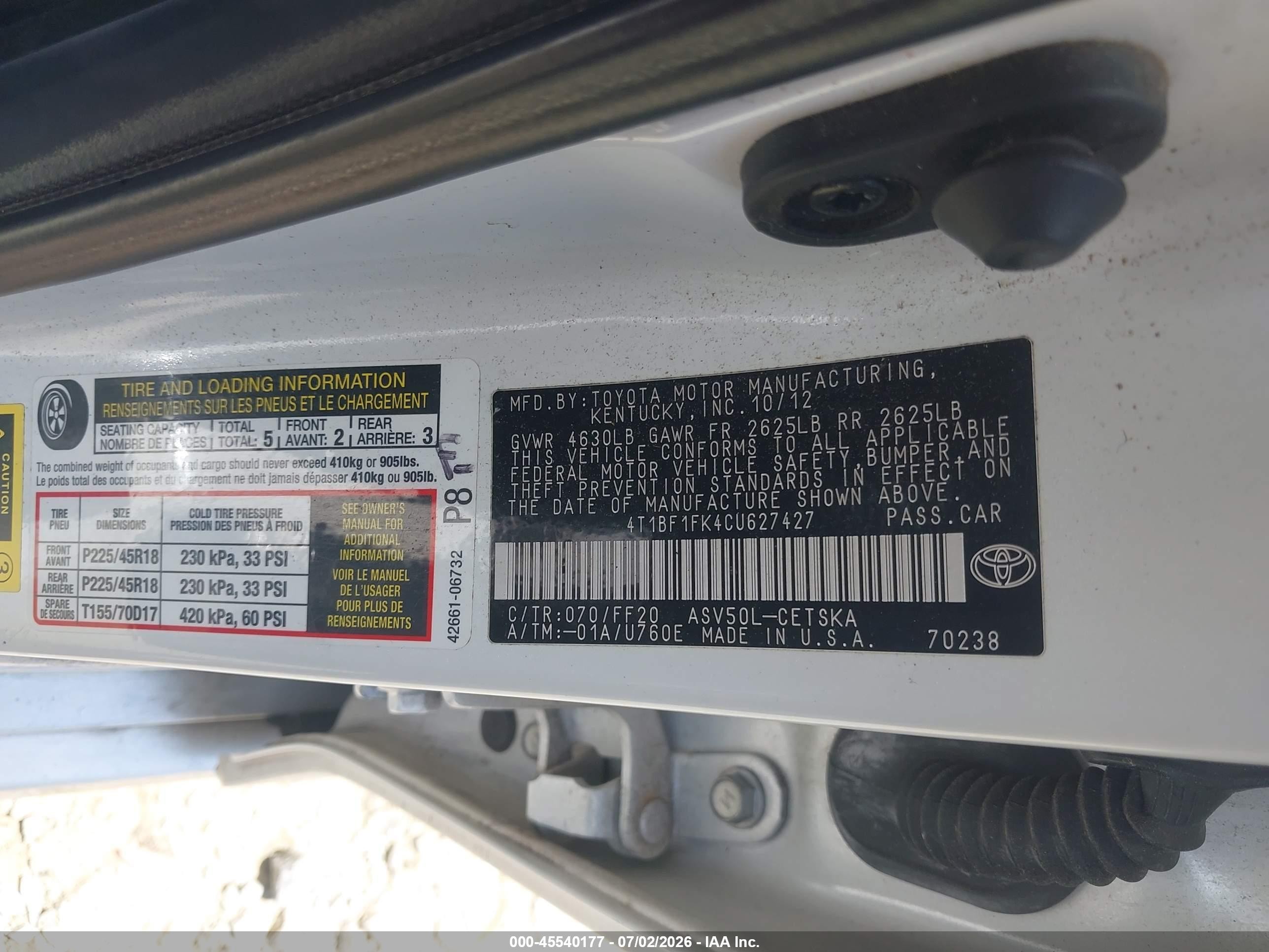 2012 Toyota Camry Se Limited Edition White vin: 4T1BF1FK4CU627427