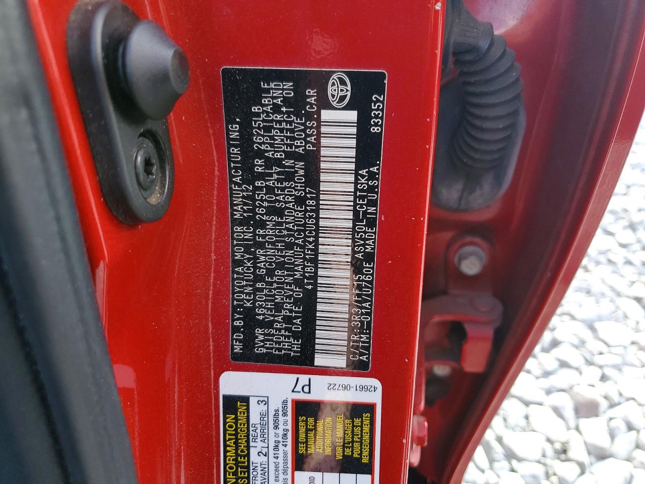 2012 Toyota Camry Se Red vin: 4T1BF1FK4CU631817