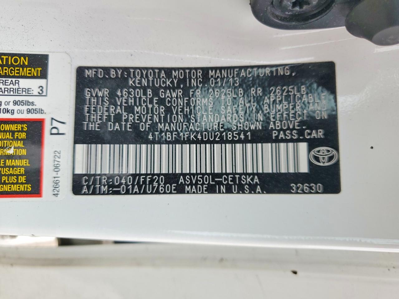 2013 Toyota Camry Se White vin: 4T1BF1FK4DU218541