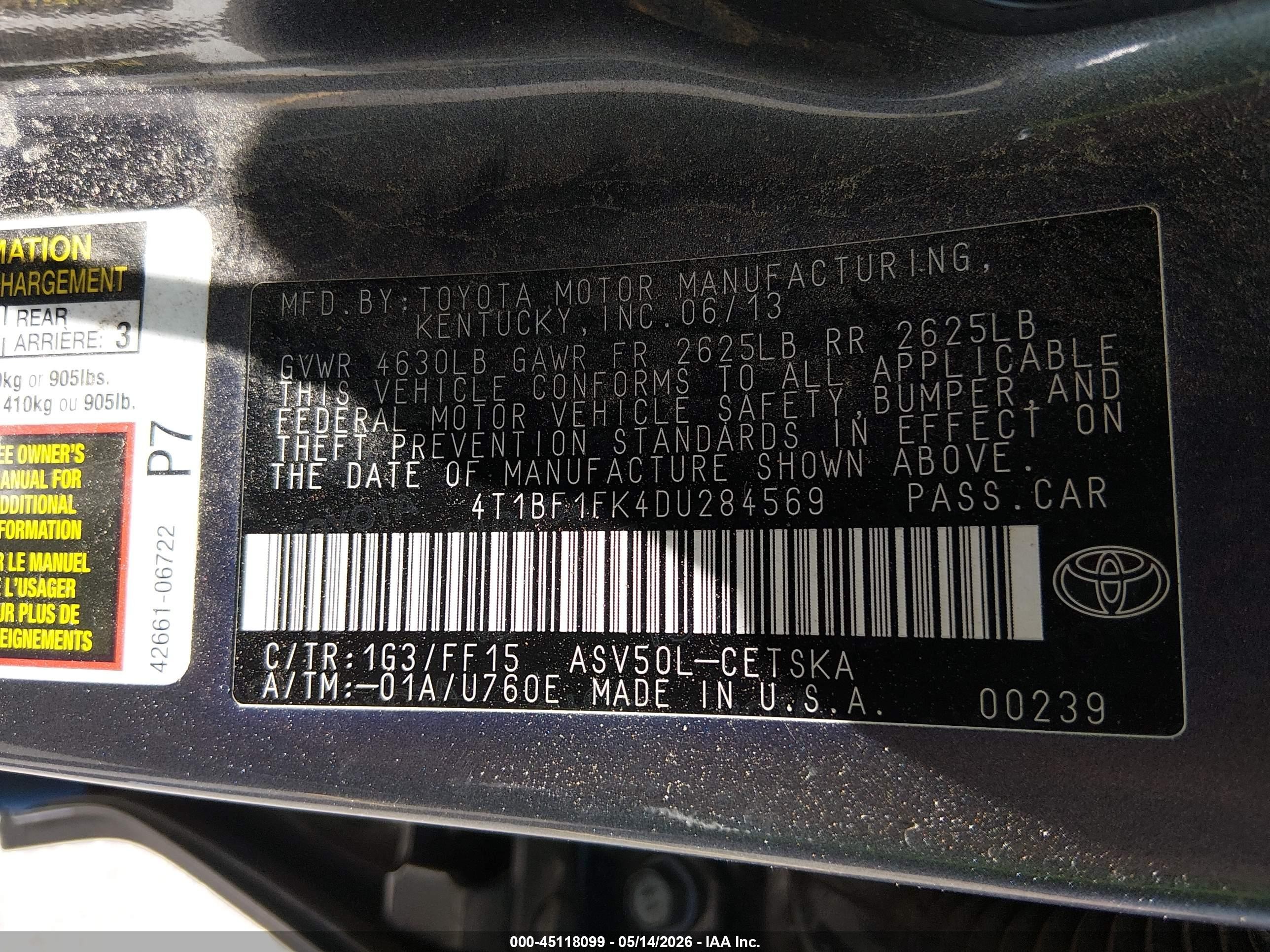 2013 Toyota Camry Se Gray vin: 4T1BF1FK4DU284569