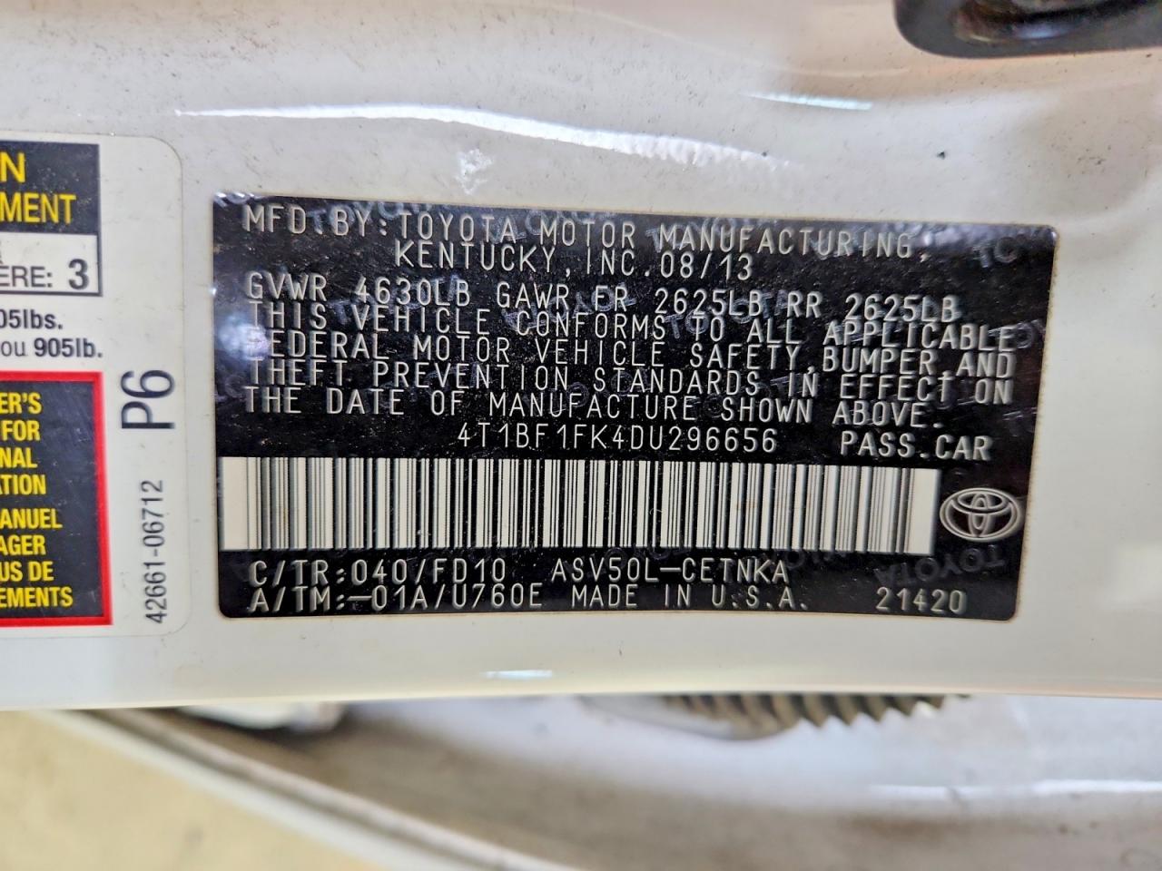 2013 Toyota Camry Le Белый vin: 4T1BF1FK4DU296656