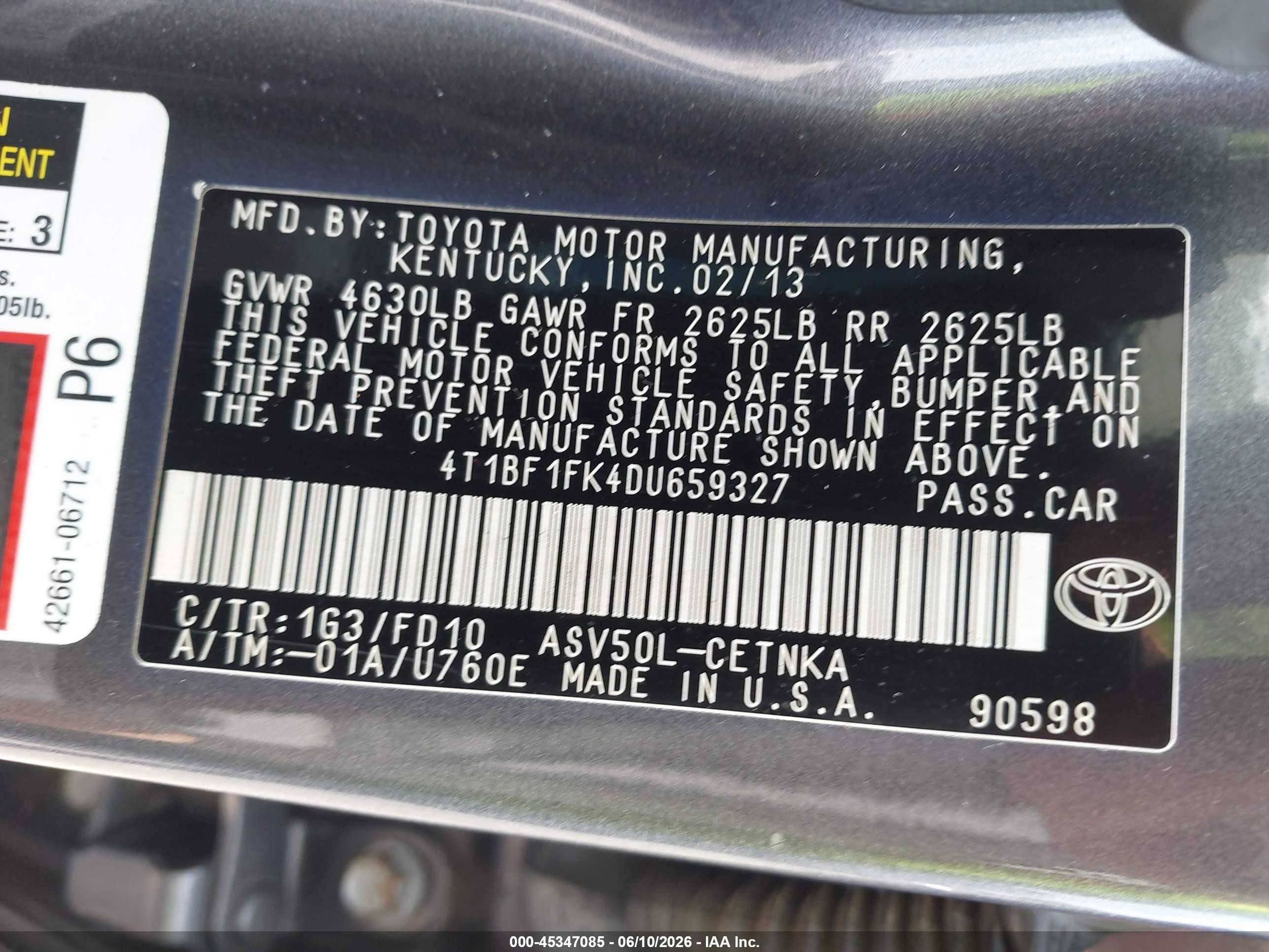 2013 Toyota Camry Le Gray vin: 4T1BF1FK4DU659327