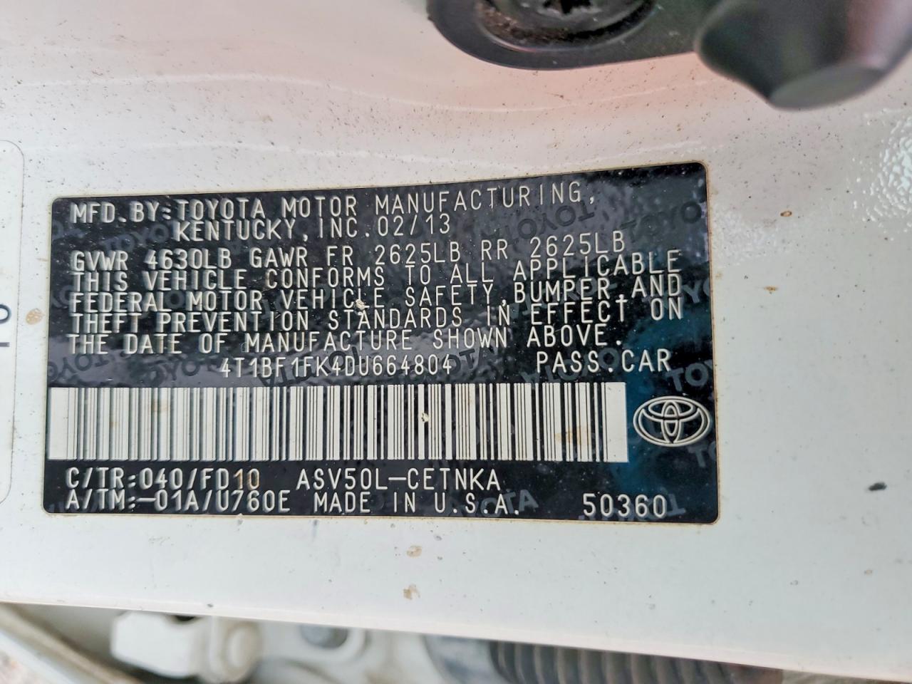 2013 Toyota Camry Le White vin: 4T1BF1FK4DU664804