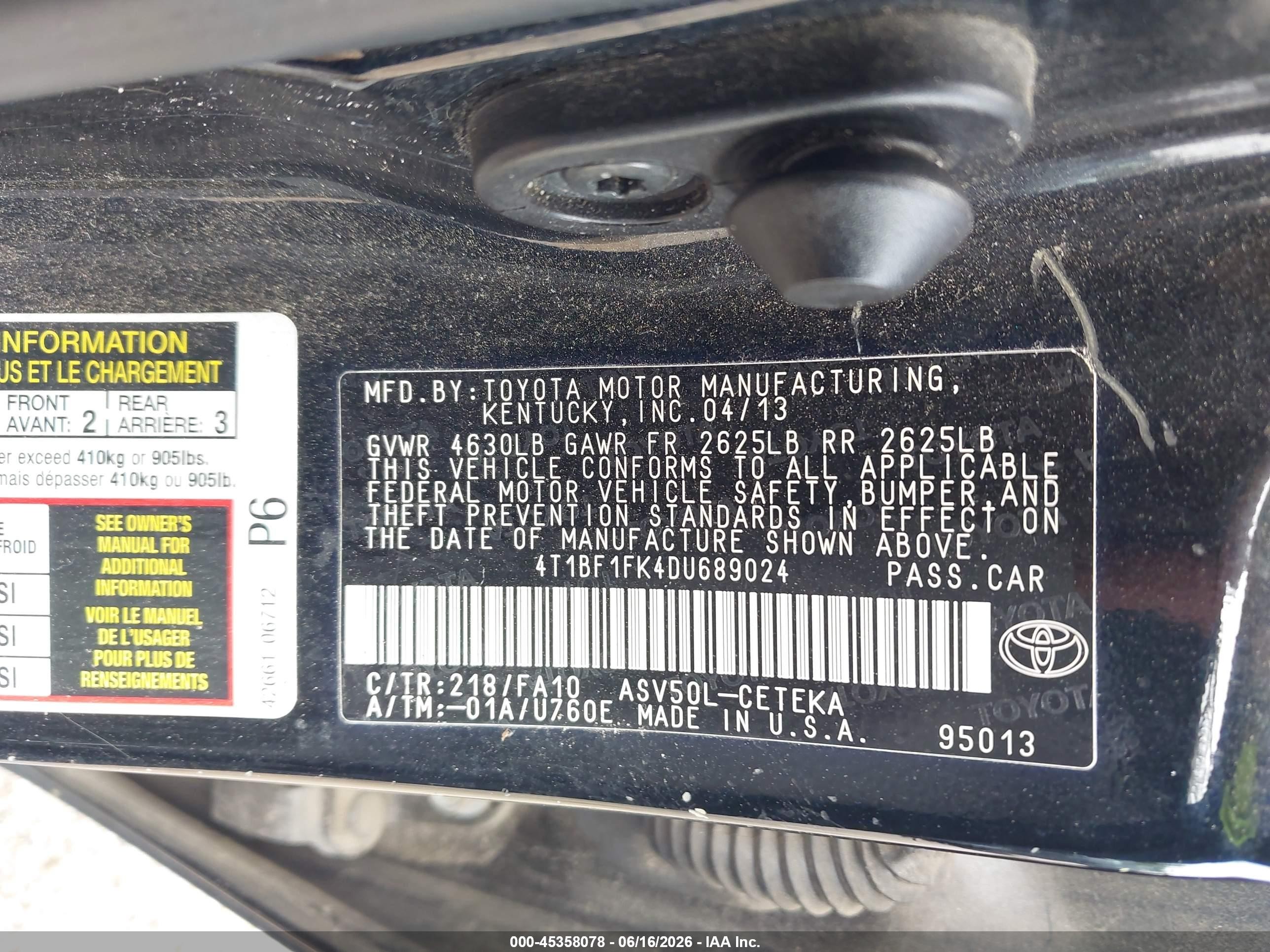 2013 Toyota Camry L Black vin: 4T1BF1FK4DU689024