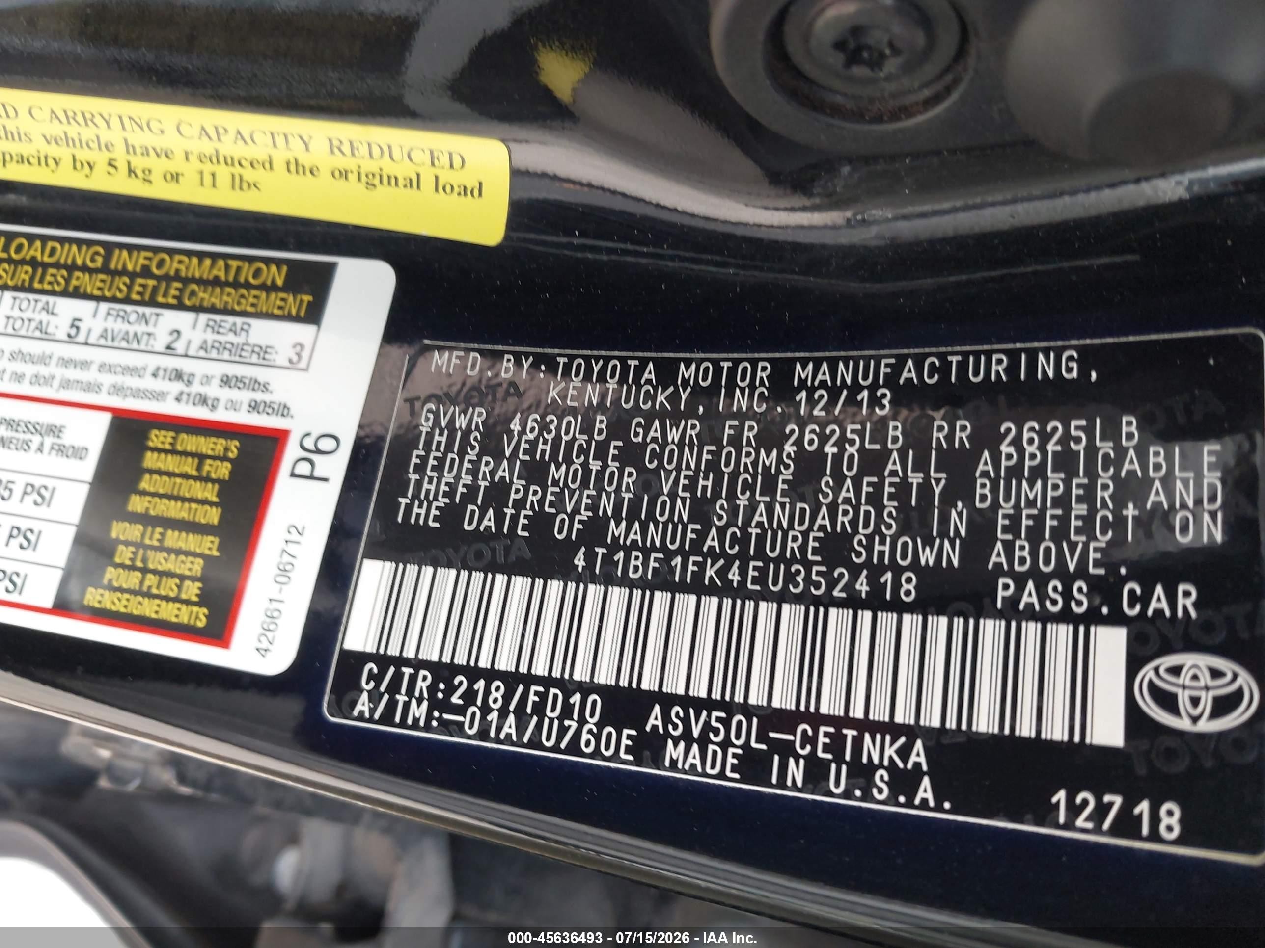 2014 Toyota Camry Le Black vin: 4T1BF1FK4EU352418