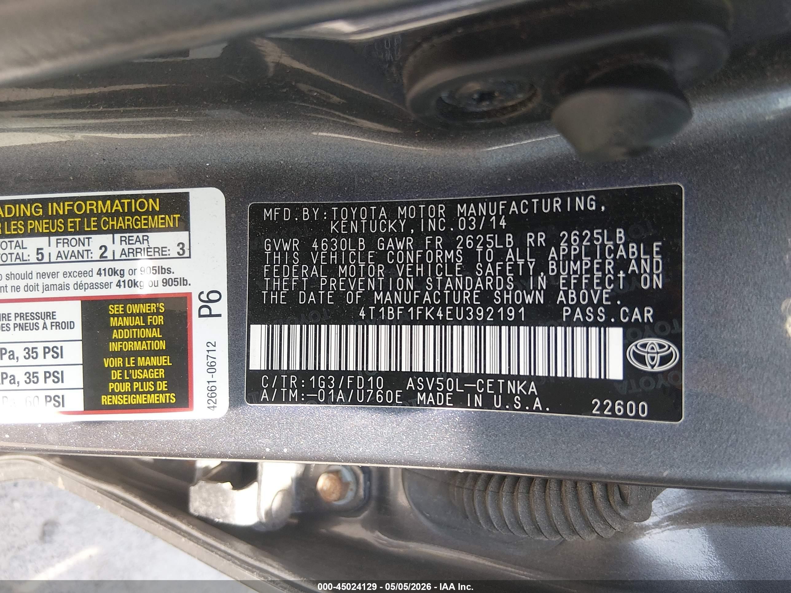 2014 Toyota Camry Le Gray vin: 4T1BF1FK4EU392191