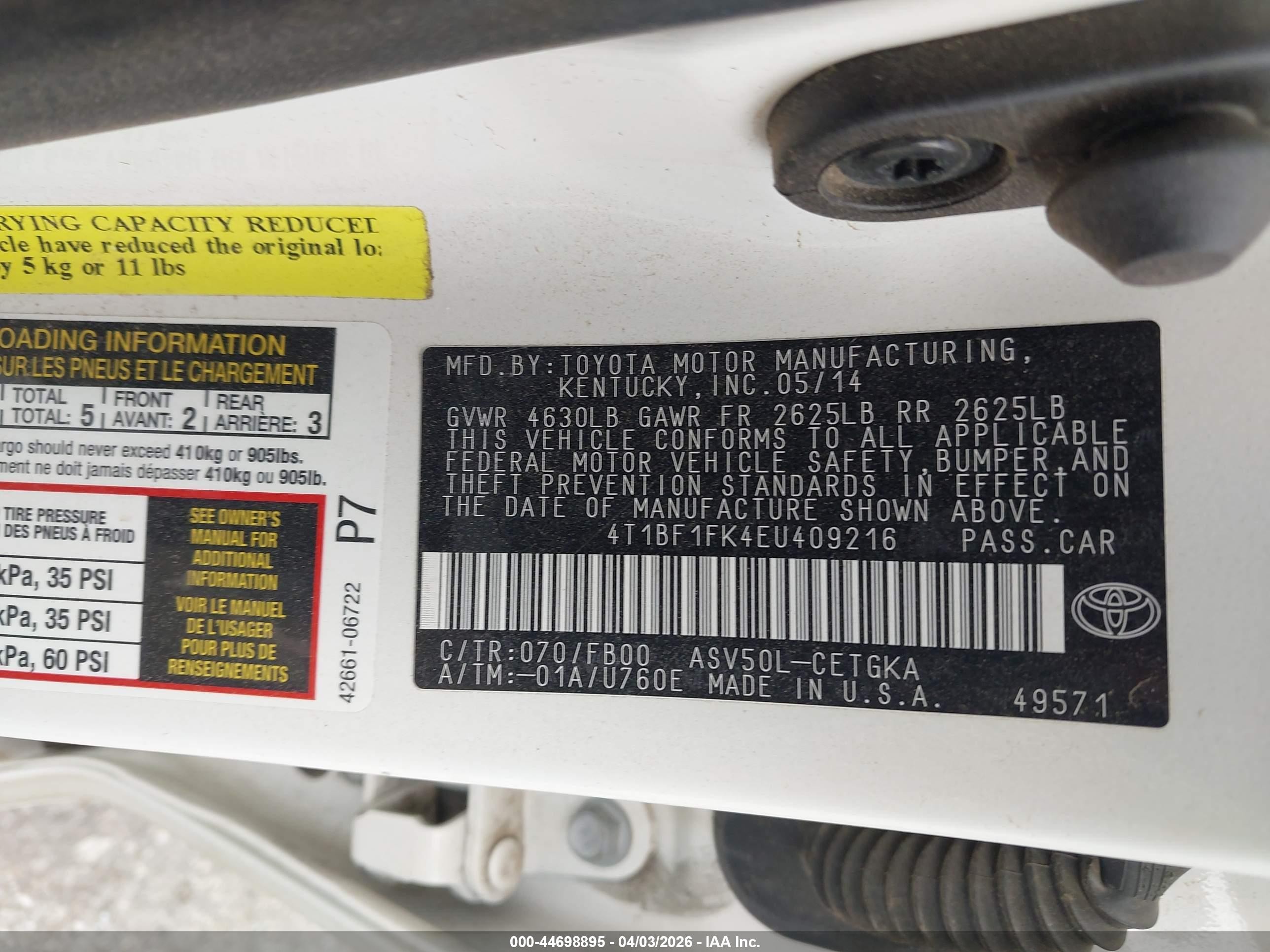 2014 Toyota Camry Xle White vin: 4T1BF1FK4EU409216