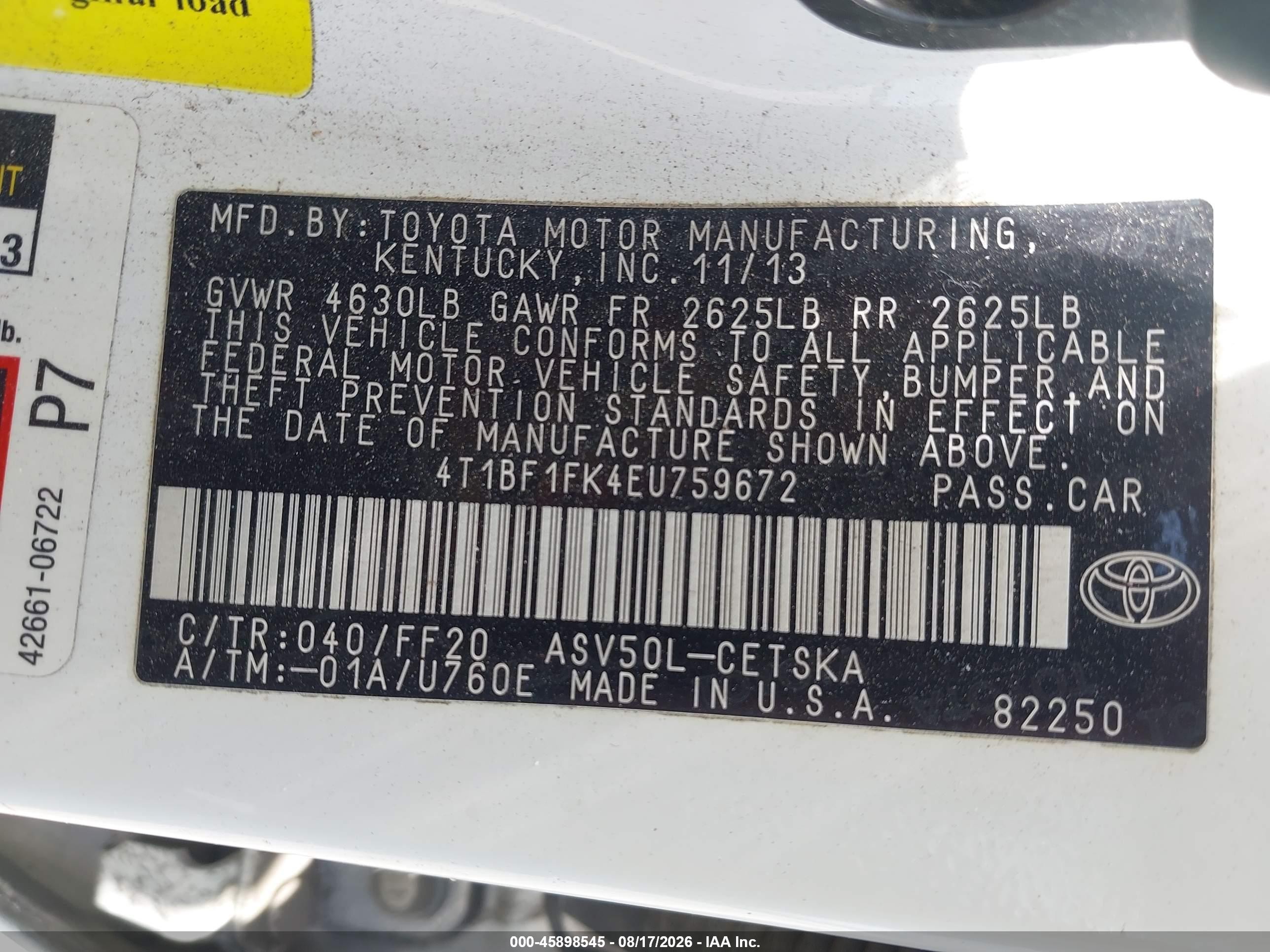2014 Toyota Camry Se White vin: 4T1BF1FK4EU759672