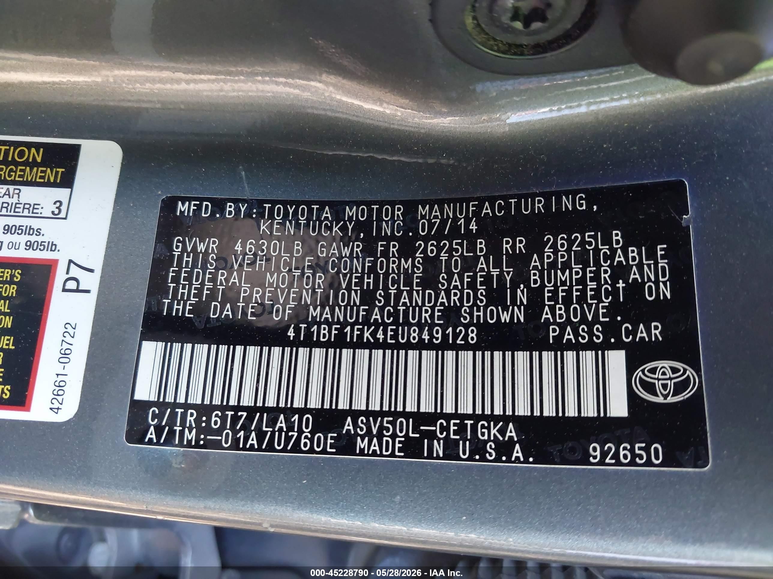 2014 Toyota Camry Xle Green vin: 4T1BF1FK4EU849128