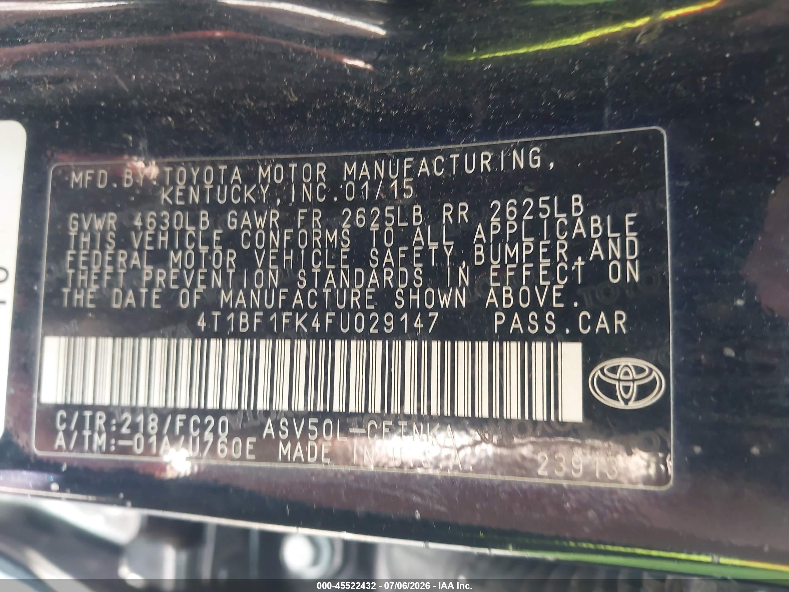2015 Toyota Camry Le Black vin: 4T1BF1FK4FU029147