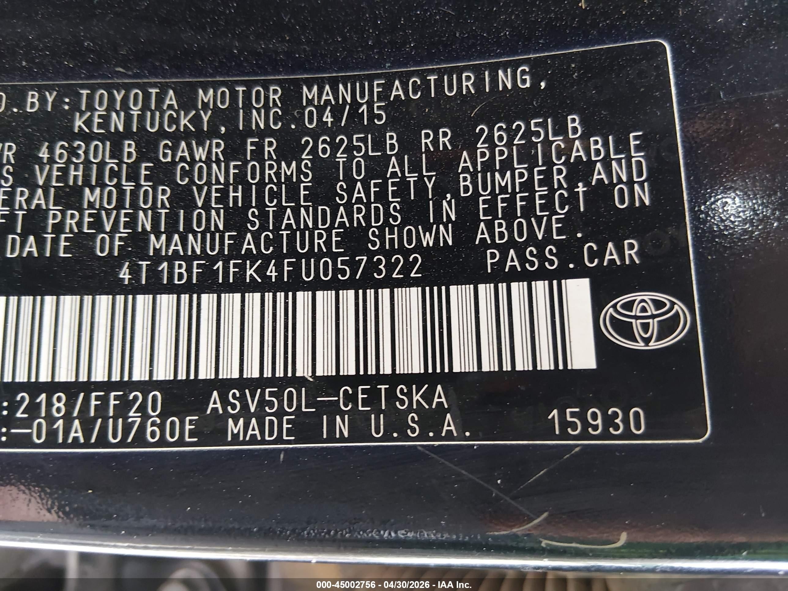2015 Toyota Camry Se Black vin: 4T1BF1FK4FU057322