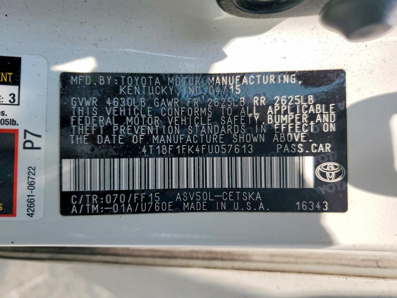 2015 Toyota Camry Se White vin: 4T1BF1FK4FU057613