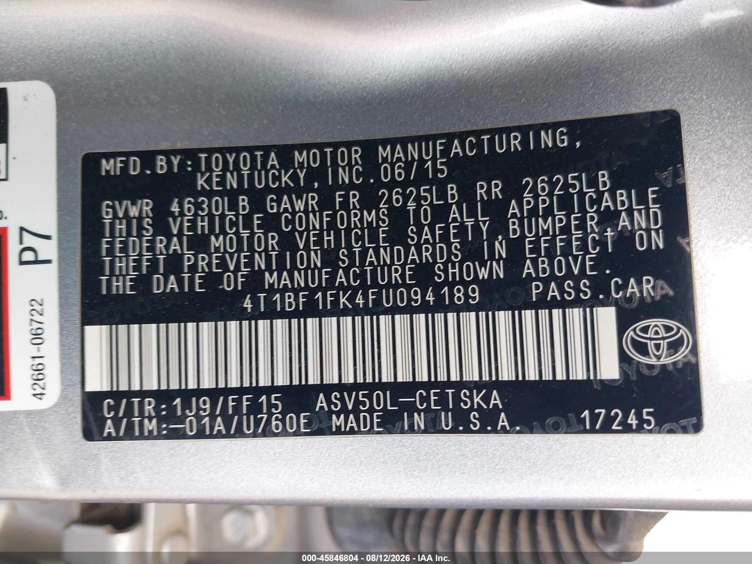 2015 Toyota Camry Se Gray vin: 4T1BF1FK4FU094189