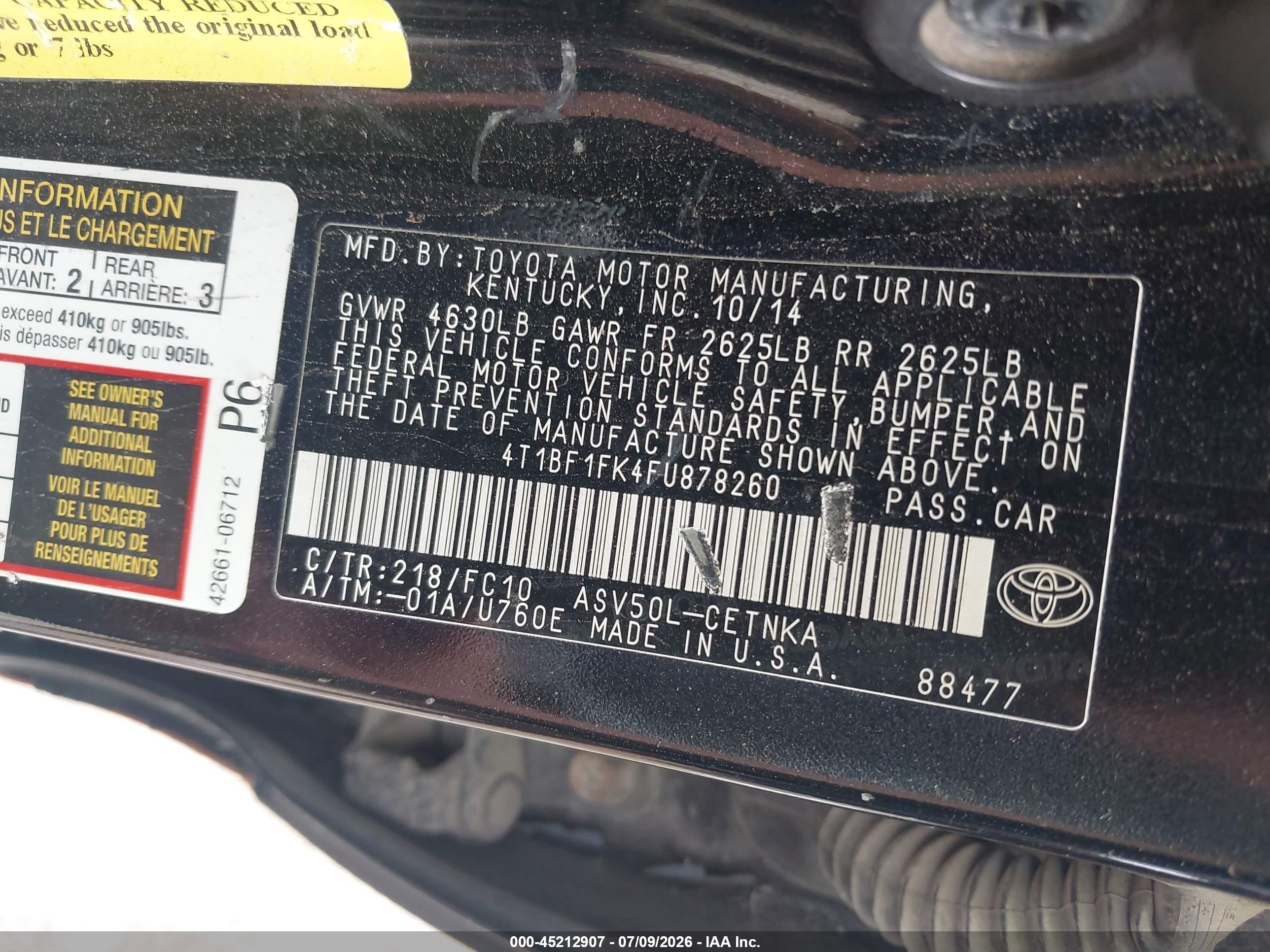 2015 Toyota Camry Le Black vin: 4T1BF1FK4FU878260
