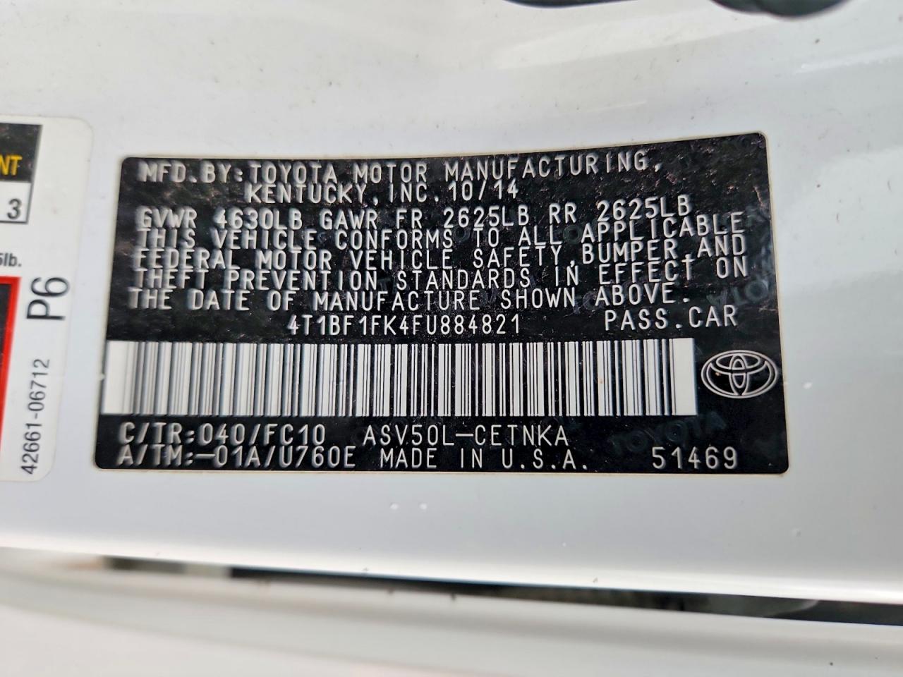 2015 Toyota Camry White vin: 4T1BF1FK4FU884821