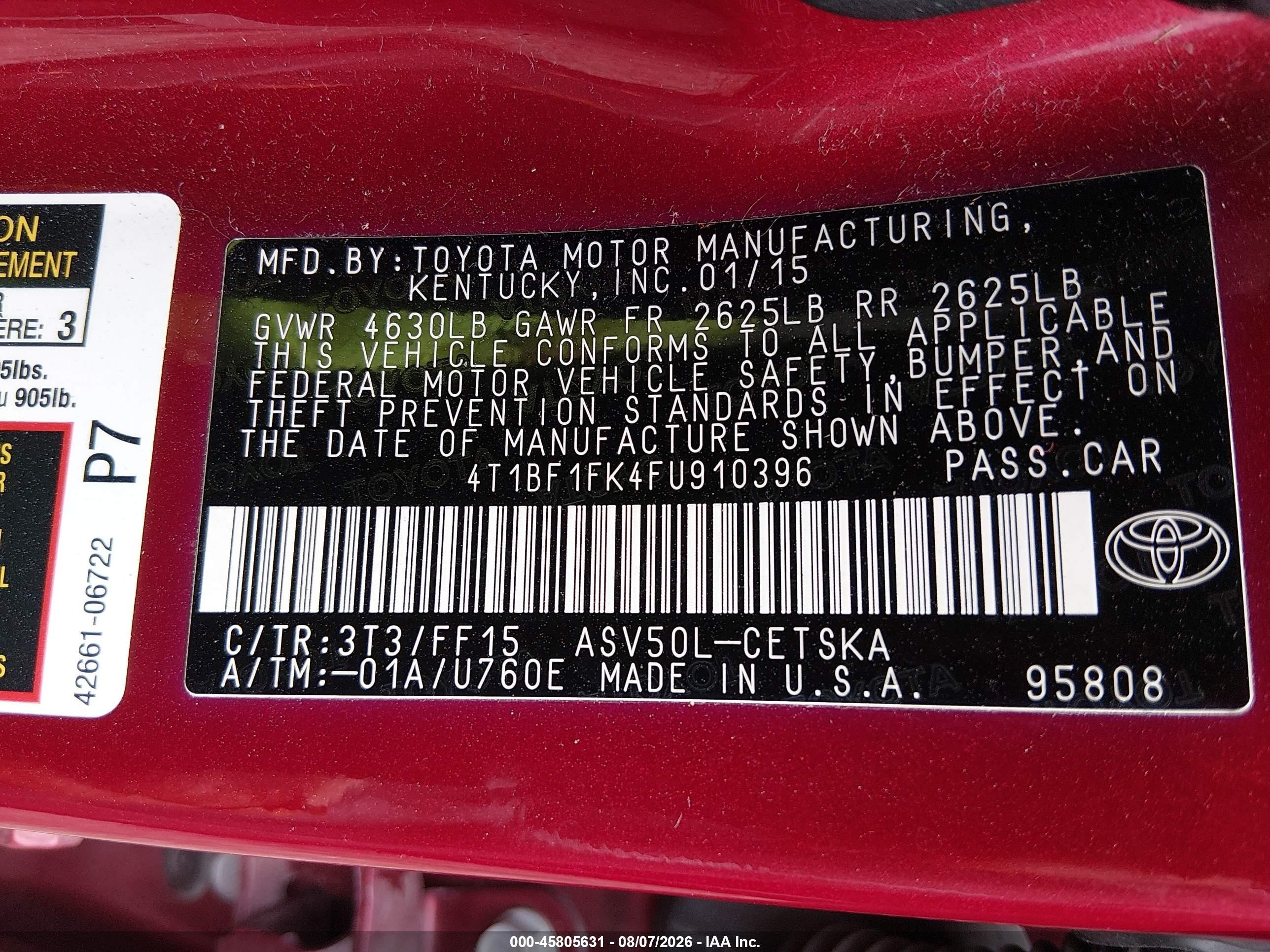 2015 Toyota Camry Se Burgundy vin: 4T1BF1FK4FU910396
