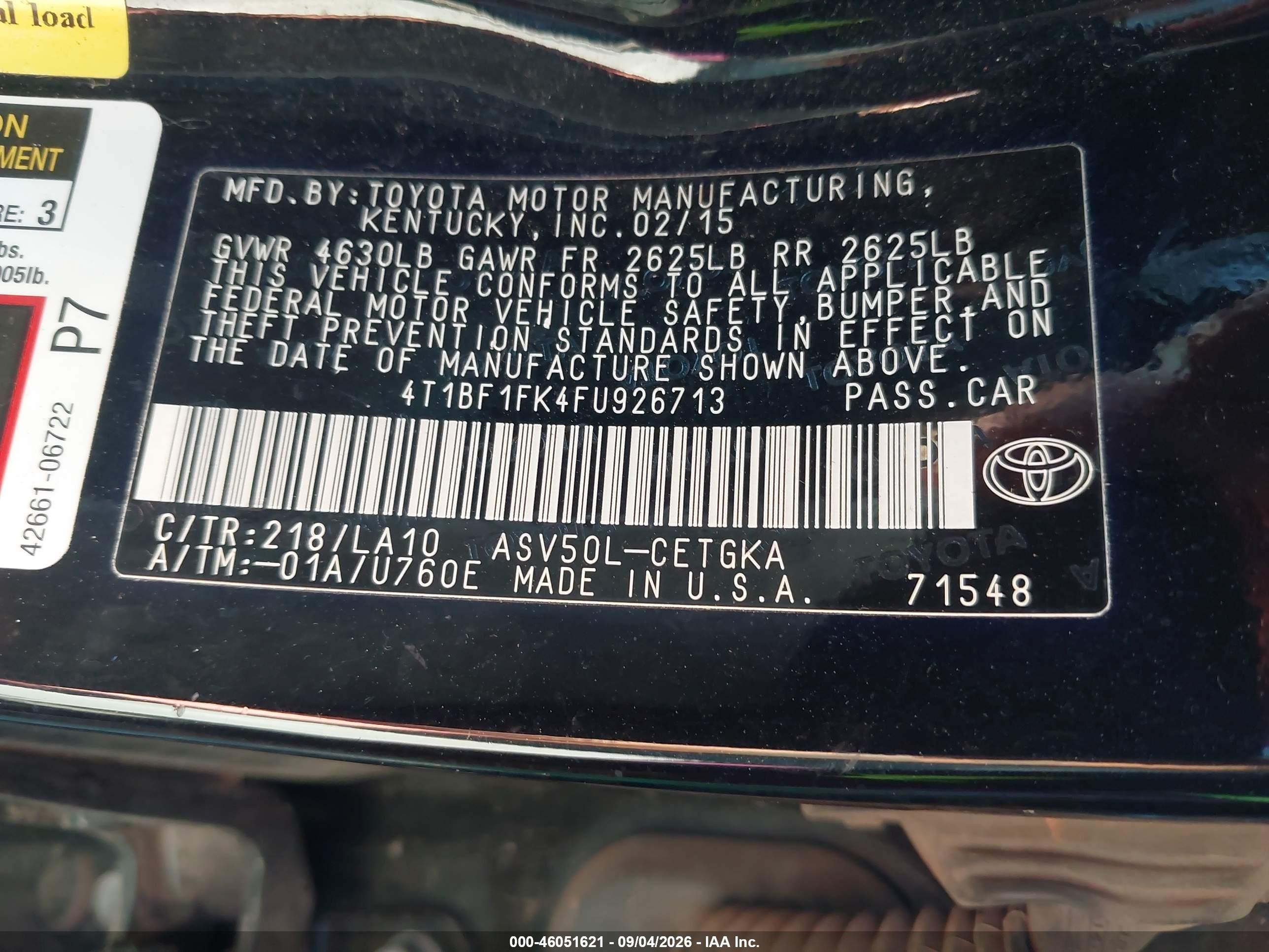 2015 Toyota Camry Xle Black vin: 4T1BF1FK4FU926713