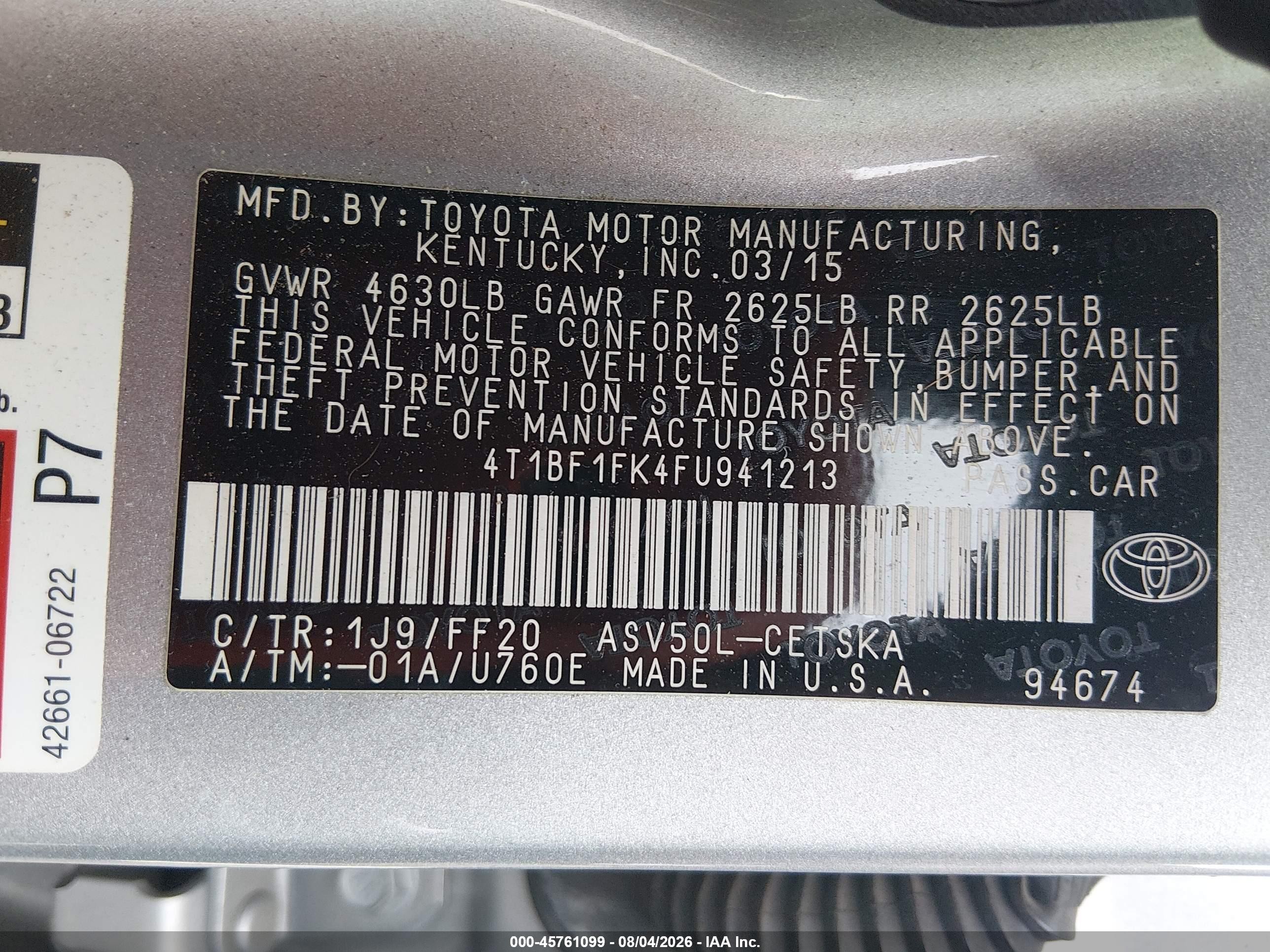 2015 Toyota Camry Se Gray vin: 4T1BF1FK4FU941213