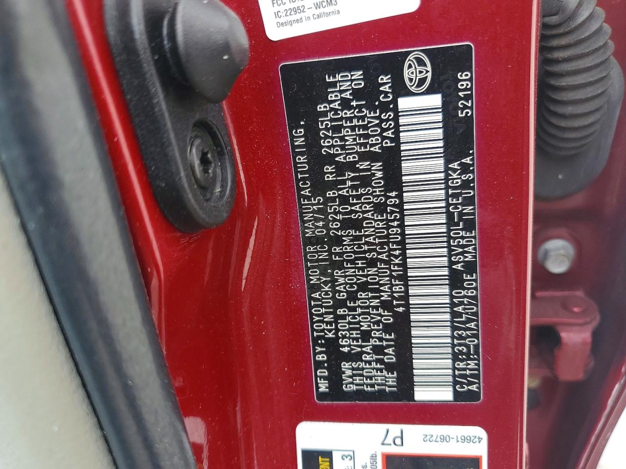 2015 Toyota Camry Xle Red vin: 4T1BF1FK4FU945794